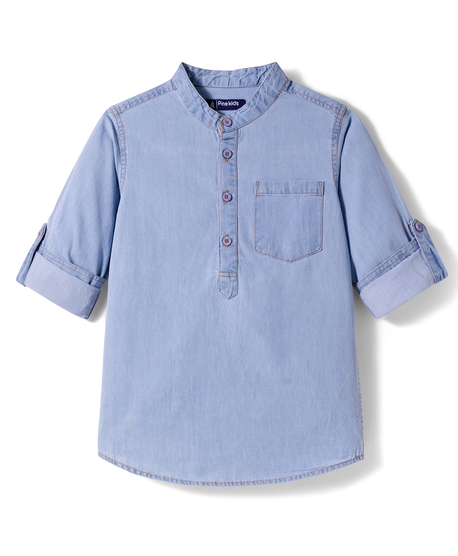 Pine Kids Woven Full Sleeves Washed Mandarin Collar Kurta Style Denim Shirt - Blue
