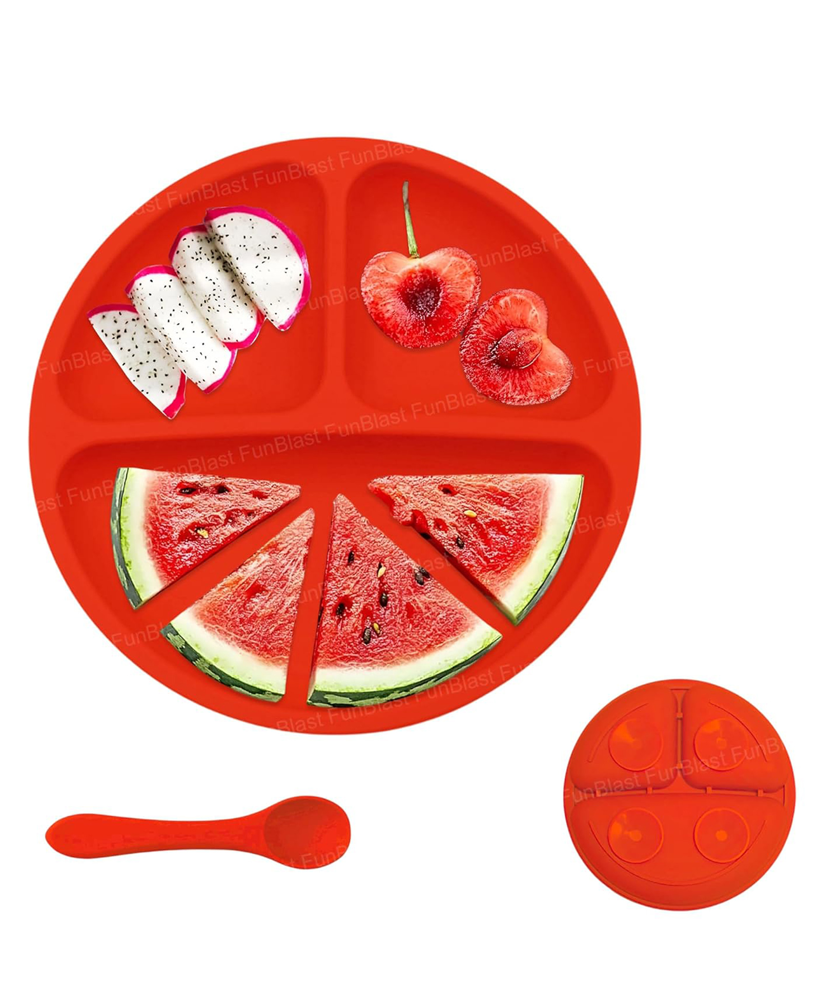 FunBlast Silicone Suction Plate with 3 Compartments and 1 SpoonRed-image-37