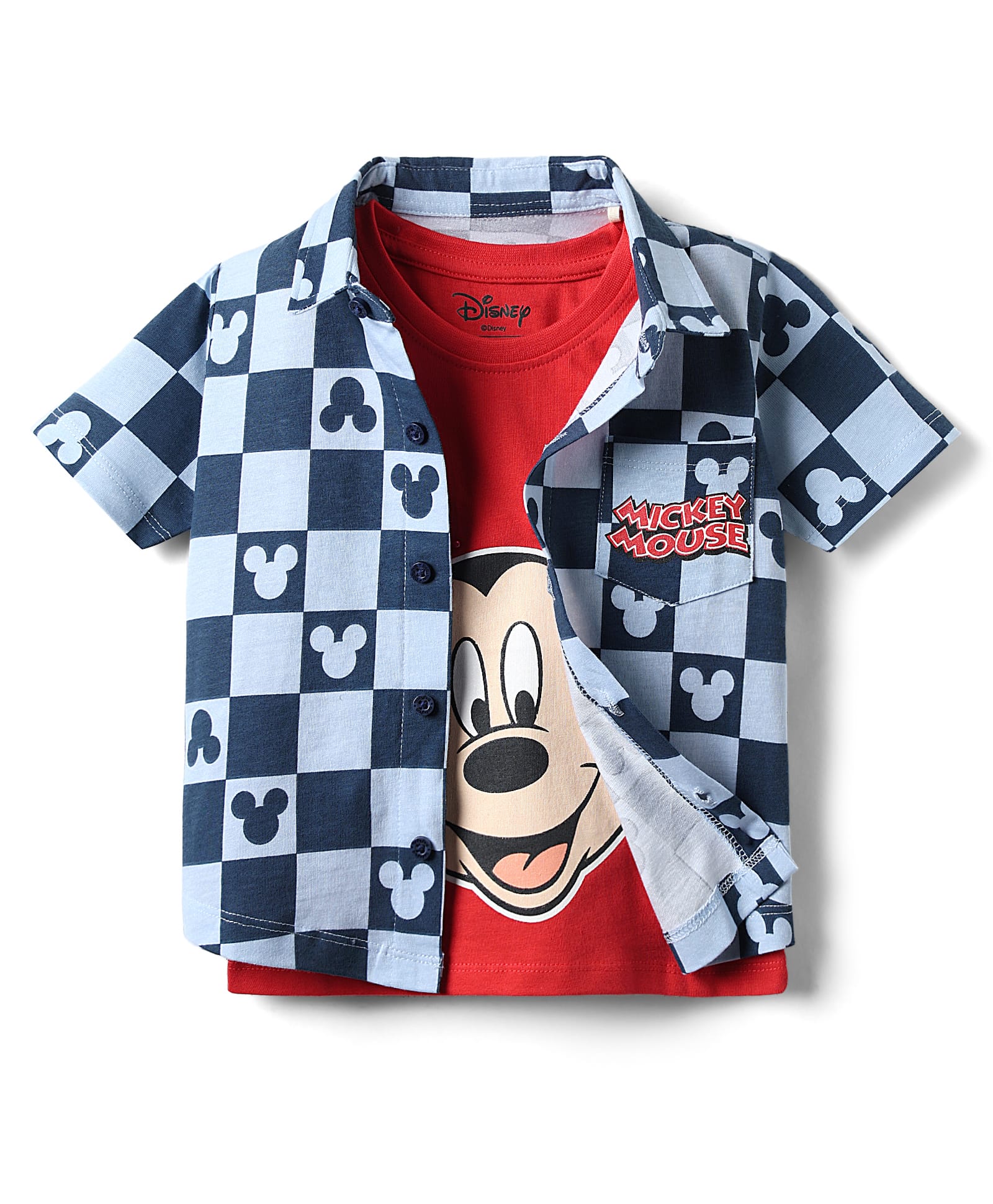 Babyhug Disney Single Jersey Knit Half Sleeves Shirt & Inner T-Shirt With Mickey Mouse Graphics And Pocket Detailing - Red & Navy Blue-image-41