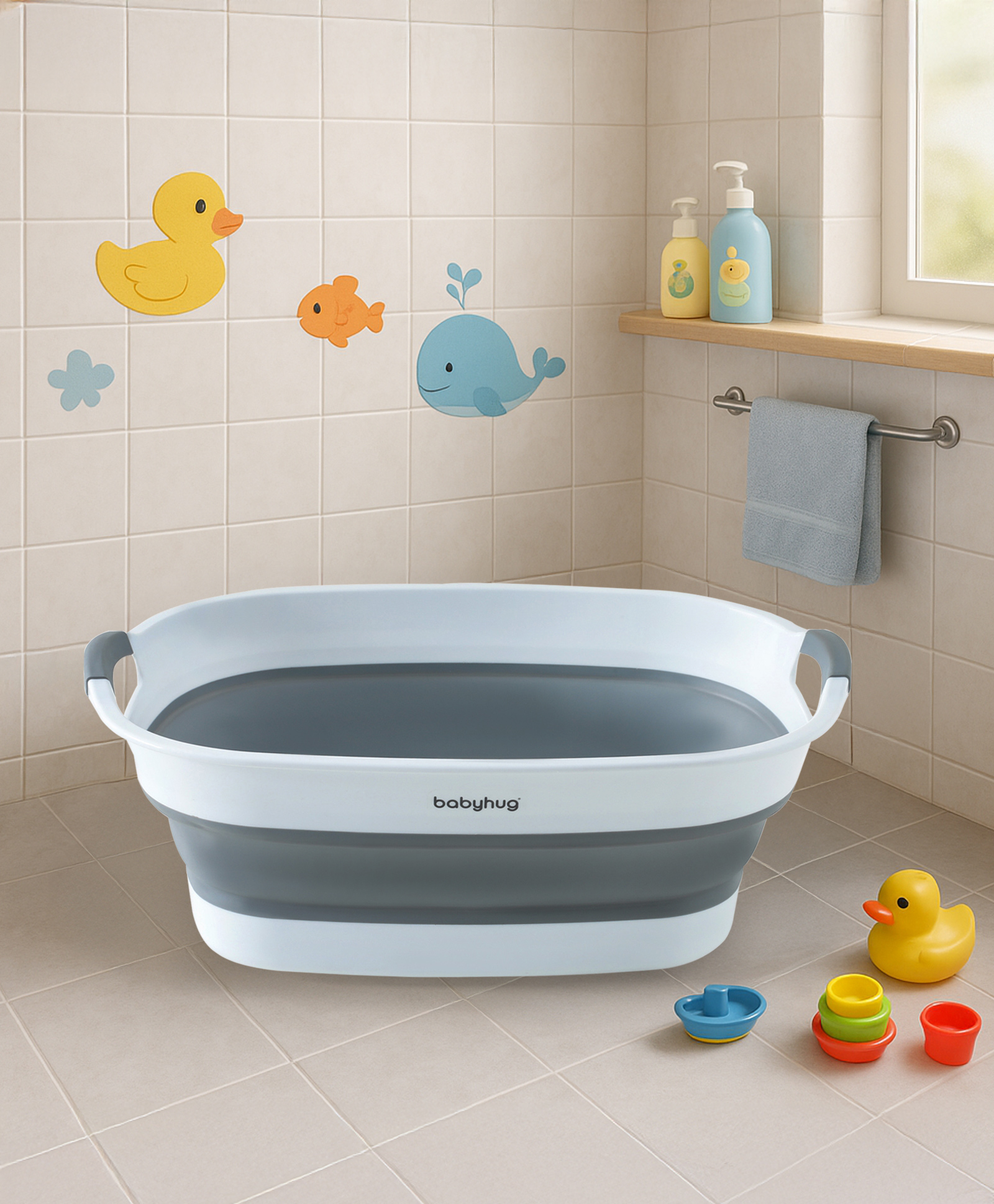 Babyhug Foldable Baby Bath Tub with Drain Plug - Grey-image-37