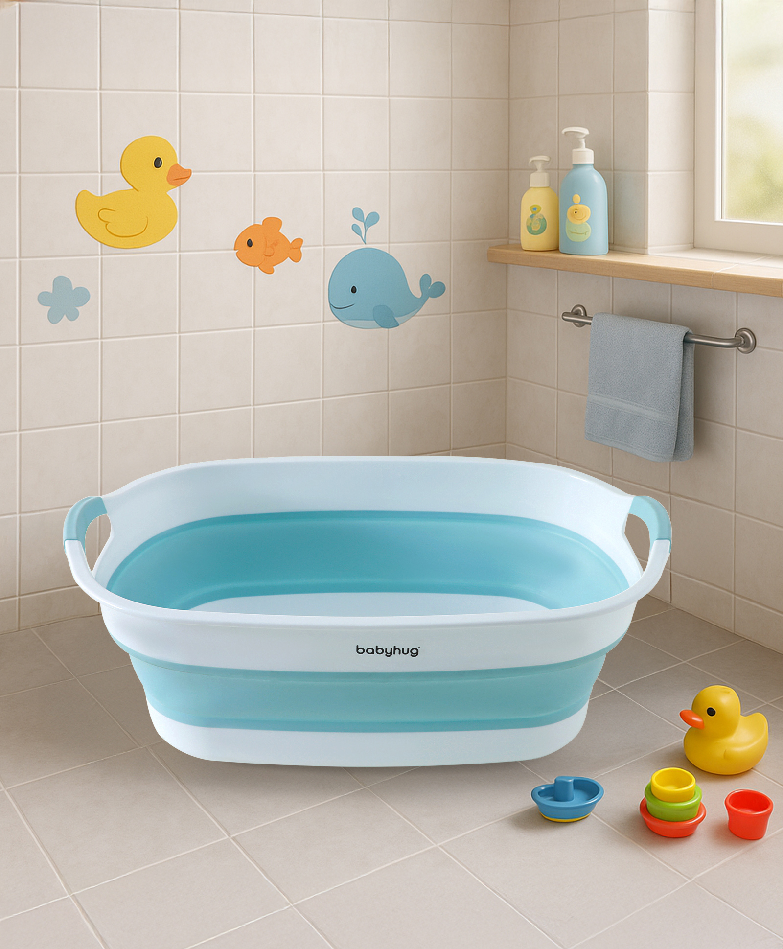 Babyhug Foldable Baby Bath Tub with Drain Plug - Blue-image-38