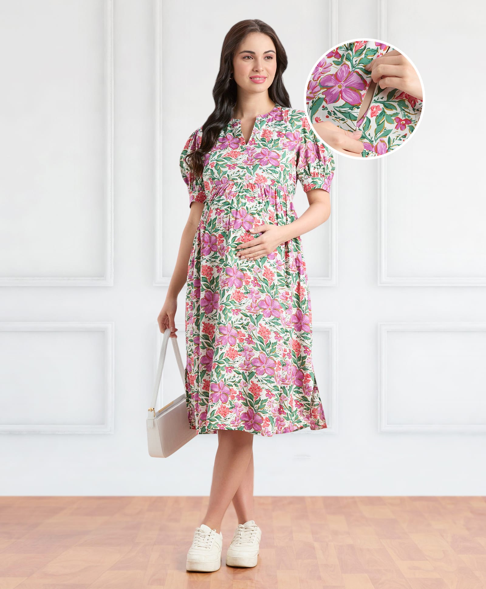Bella Mama Woven Short Sleeves Notch Neck Maternity Dress With Belt & Floral Print - Pink
