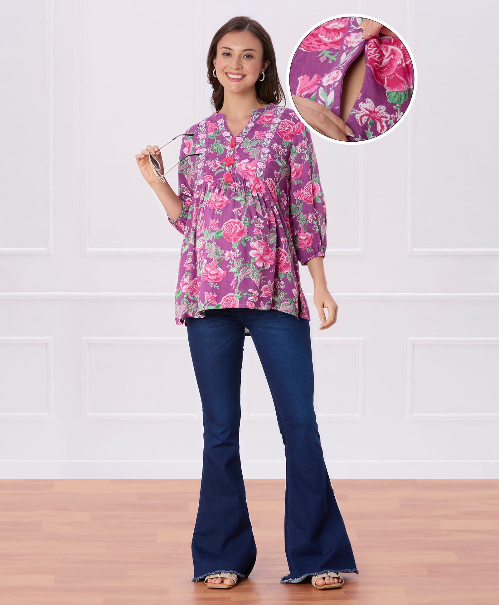 Bella Mama Woven Three Fourth Sleeves Flower Printed Maternity Top With Border - Purple
