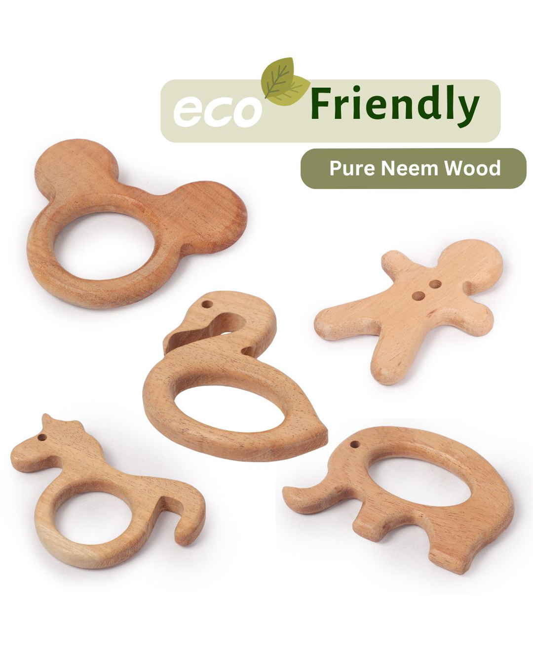 OpaToys Natural Wooden Combo Neem Teethers Set (pack of 5 Pieces) -5 Shapes of Teethers (MickeyMouse, Crane, Unicorn,Elephant & Human )-image-44