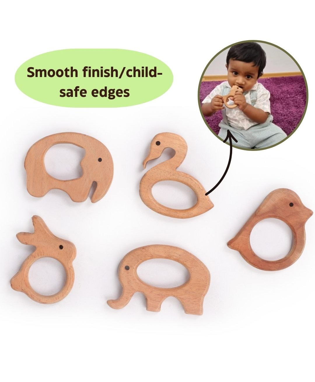 OpaToys Natural Wooden Combo Neem Teethers Set Pack of 5 -5 Shapes of Teethers - Mini Elephant, Crane, Bird, Rabbit & Elephant-image-43