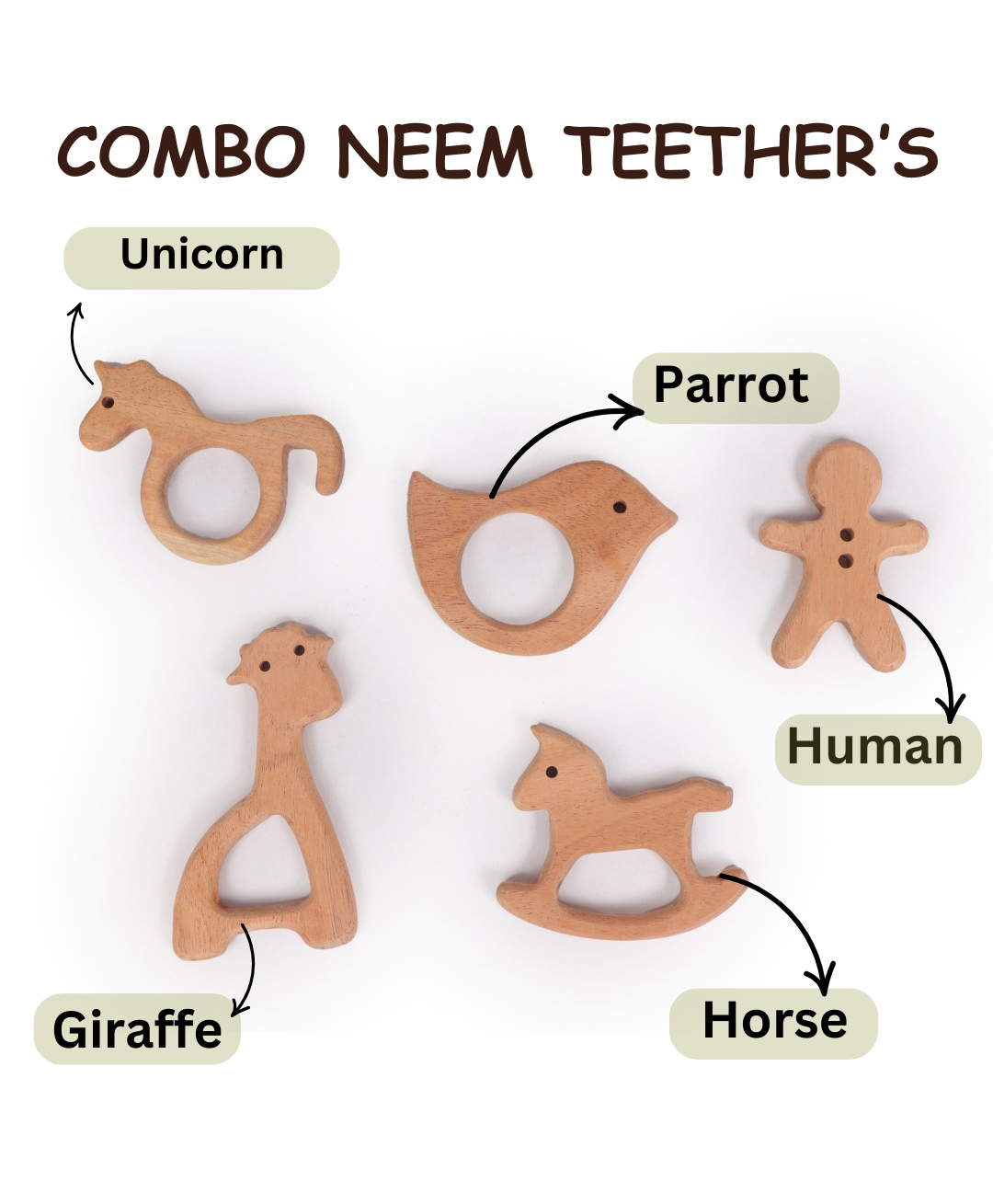 OPA Toys Natural Wooden Neem Teethers Set (Pack of 5) -Unicorn, Parrot, Human, Giraffe & Horse )-picture-25