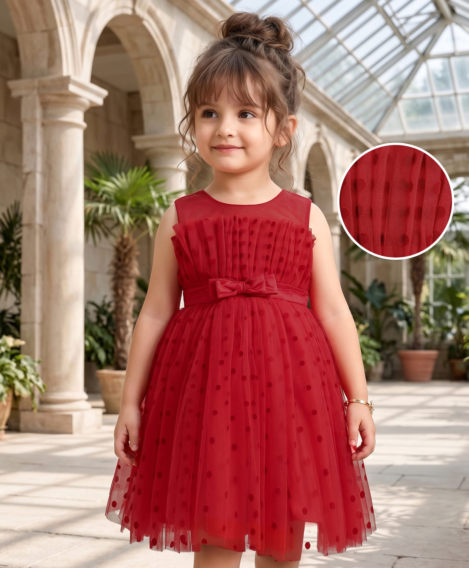 Mark & Mia Woven Sleeveless Mesh Party Dress With Polka Dot Print & Bow Applique - Red-image-22