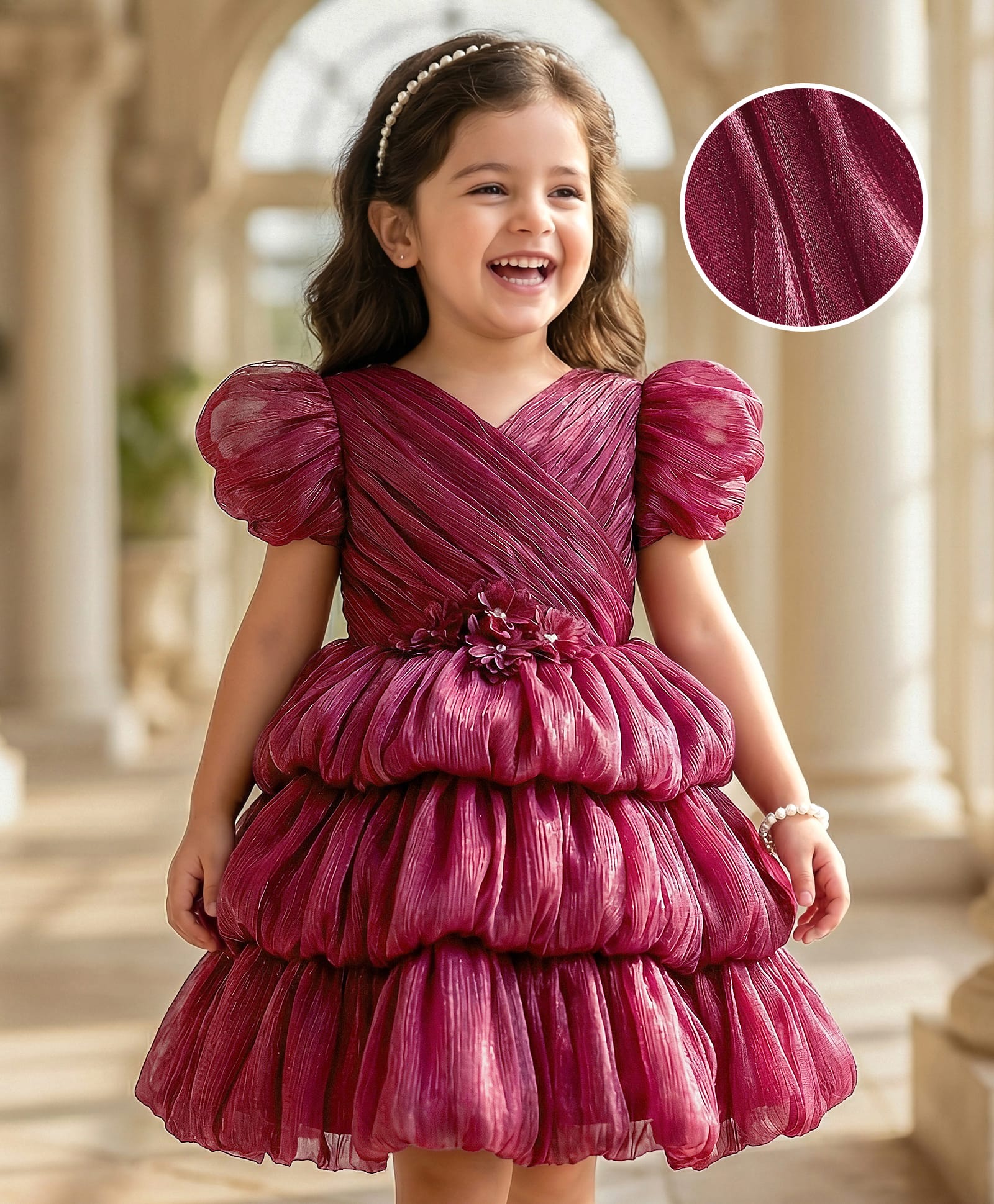 Mark & Mia Woven Half Puffed Sleeves Solid Color Layered Party Dress with Floral Applique - Maroon-image-21
