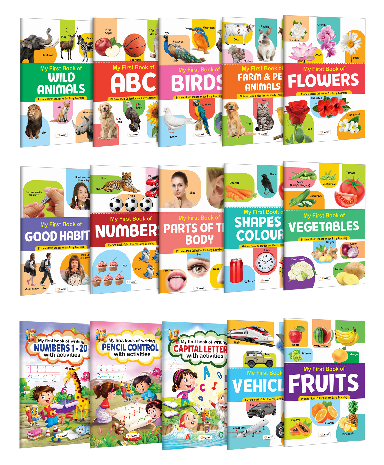 My First Book of ABC, Numbers, Fruits and more, My First Book of Writing activities books : Early education books, Fun colouring book, Kids copy and colour activity book | Pack of 15 Books- English-image-22