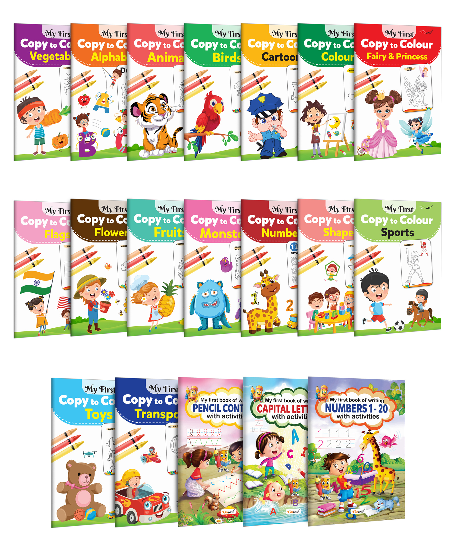 First learning book and Writing activities book for kids : Alphabet, Animals, Birds, Pencil Control and more : Colouring activities for children, Kids learning activity book | Combo of 19 Books- English-image-19