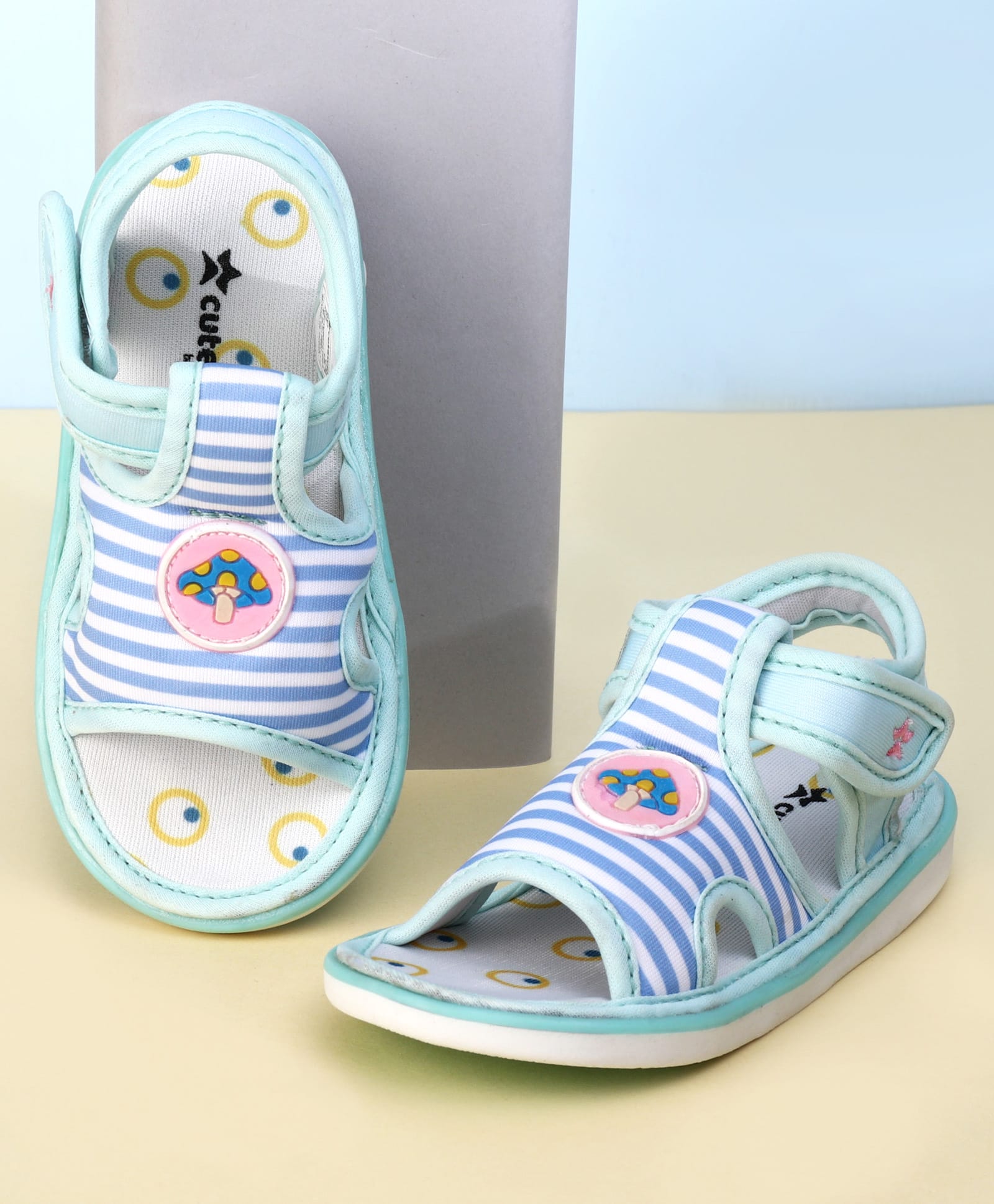Cute Walk by Babyhug Striped Musical Sandals With Velcro Closure & Mushroom Patch - Light Blue-image-11