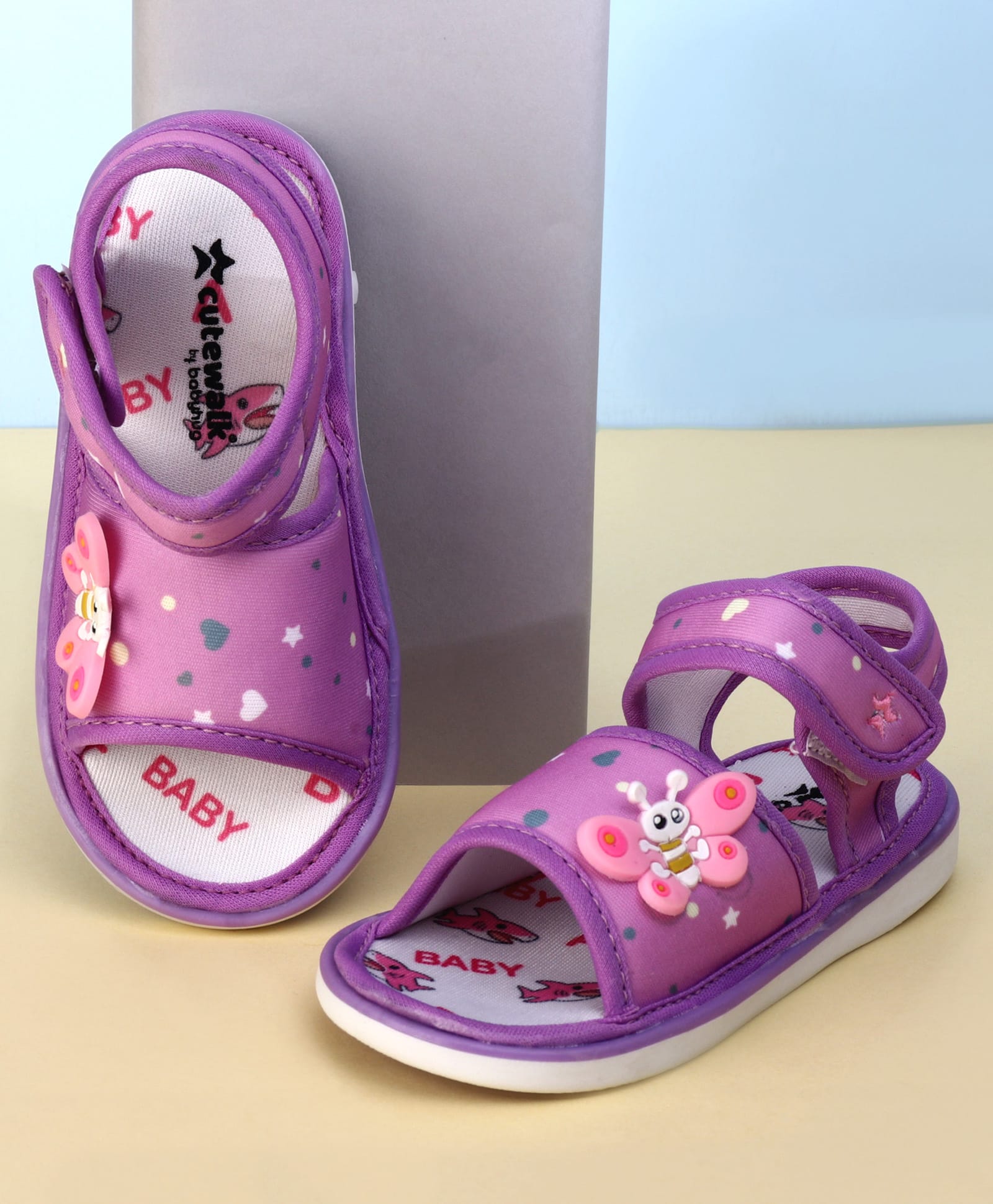 Cute Walk by Babyhug Heart Printed Musical Sandals With Velcro Closure & Butterfly Applique - Purple-image-46