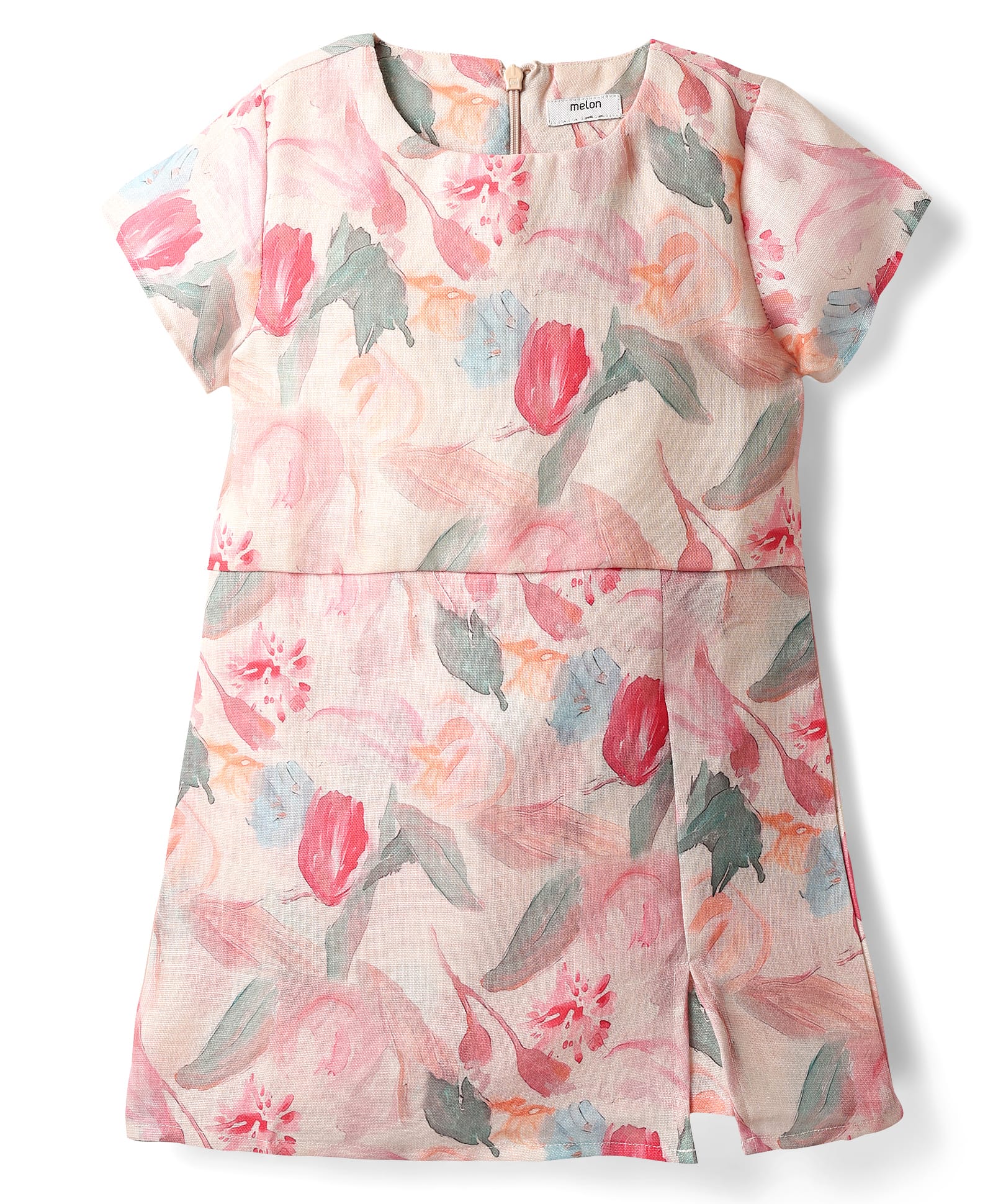 melon Cotton Woven Half Sleeves Jumpsuit with Floral Print - Cream-picture-10