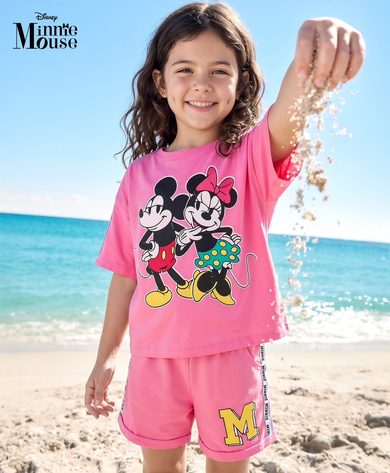 Pine Kids Disney Single Jersey Knit Half Drop Shoulder Sleeves Oversized T-Shirt & Cut & Sew Shorts Set With Minnie Mouse & Family Graphics - Pink-picture-10