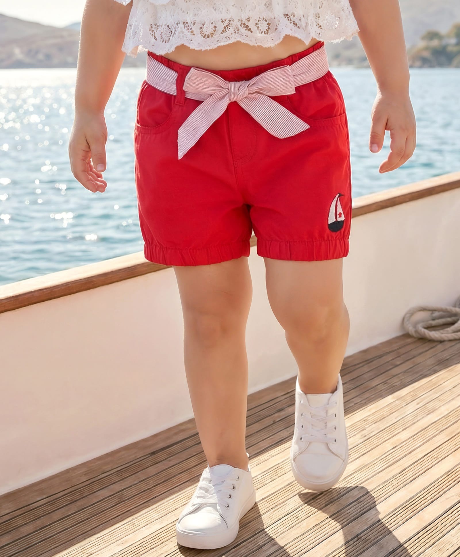 Babyhug Twill Woven Mid Thigh Shorts With Boat Embriodery - Red-picture-12