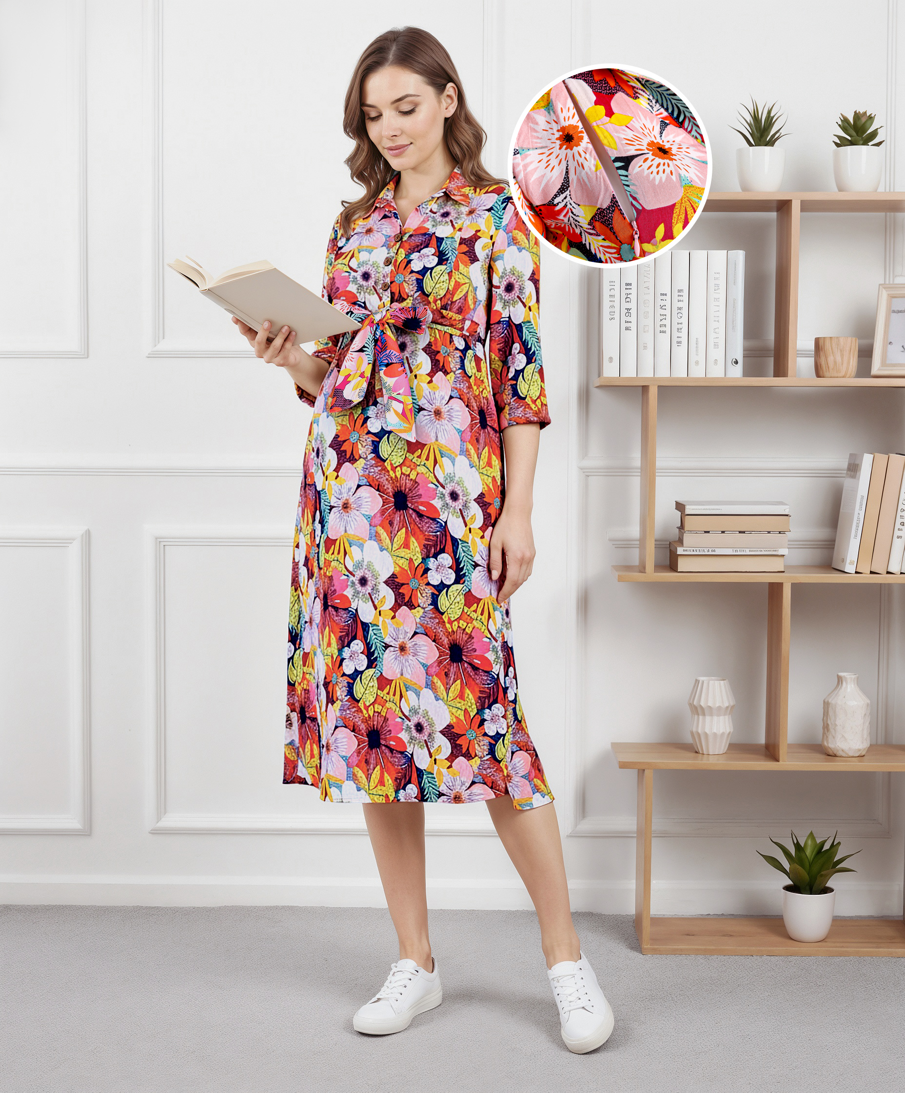 Bella Mama Woven Three Fourth Sleeves Shirt Maternity Dress With Floral Print - Pink & Red-image-45
