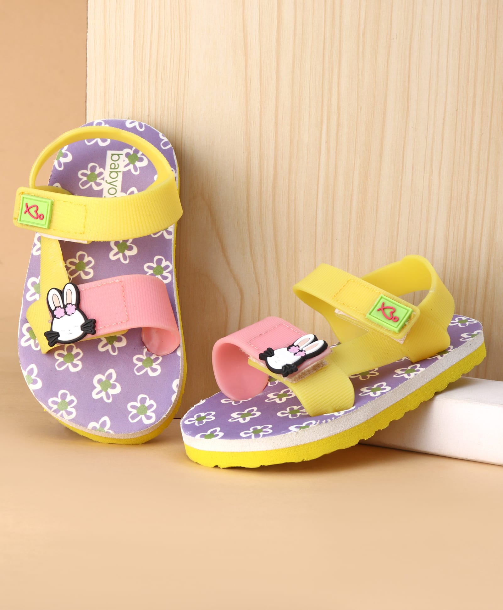Babyoye Velcro Closure Sandals With Floral Print & Animal Applique - Yellow & Lavender-image-16