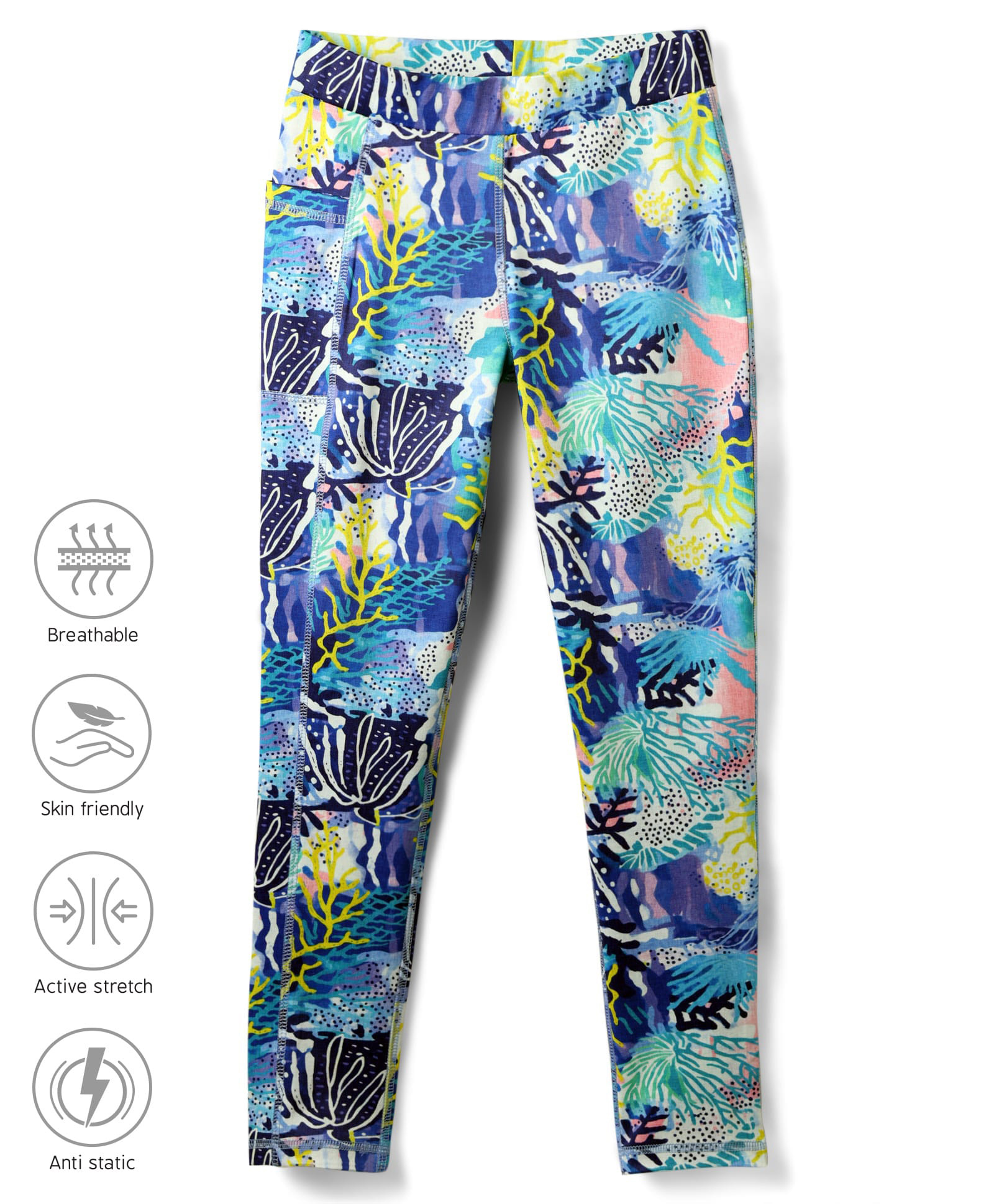 Pine Active Full Length Super Stretch Leggings with Sea Flora Print - Navy Blue