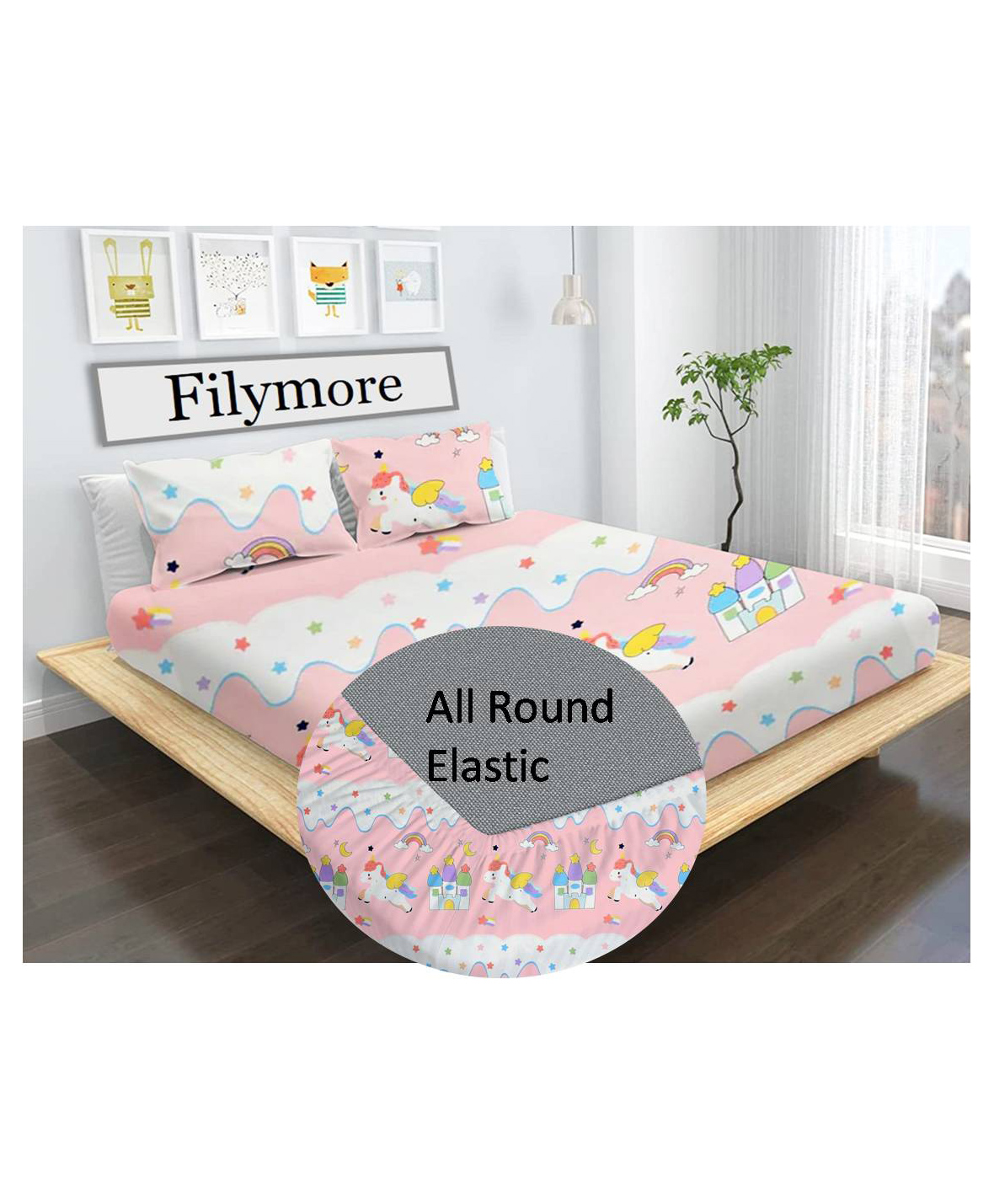 Filymore Kids Elastic fitted Star Unicorn Theam Double bedsheet with two pillow cover made with pure microfiber(bedsheet size 72x72 inches)(Pillow size 17x27)(colour-Peach and White)-image-18