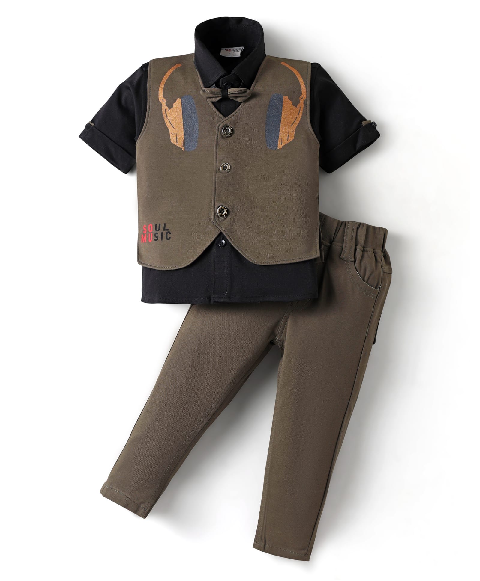Dapper Dudes Half Sleeves Solid Shirt With Headphone Printed Waistcoat Bow & Pant Set - Olive-image-20