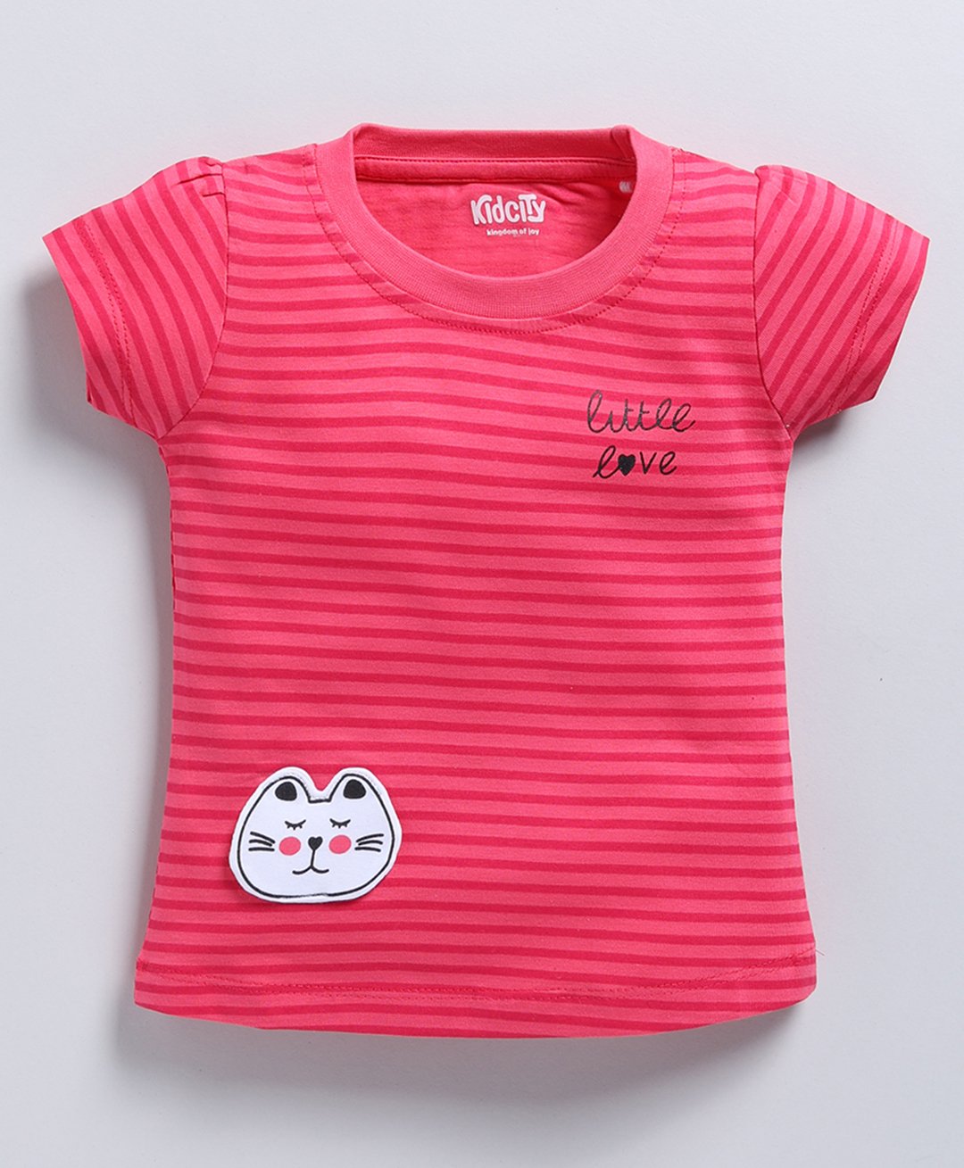 Kidcity Soft Cotton Sinker Half Sleeves Striped & Cat Patch Detailed Top - Pink-picture-15