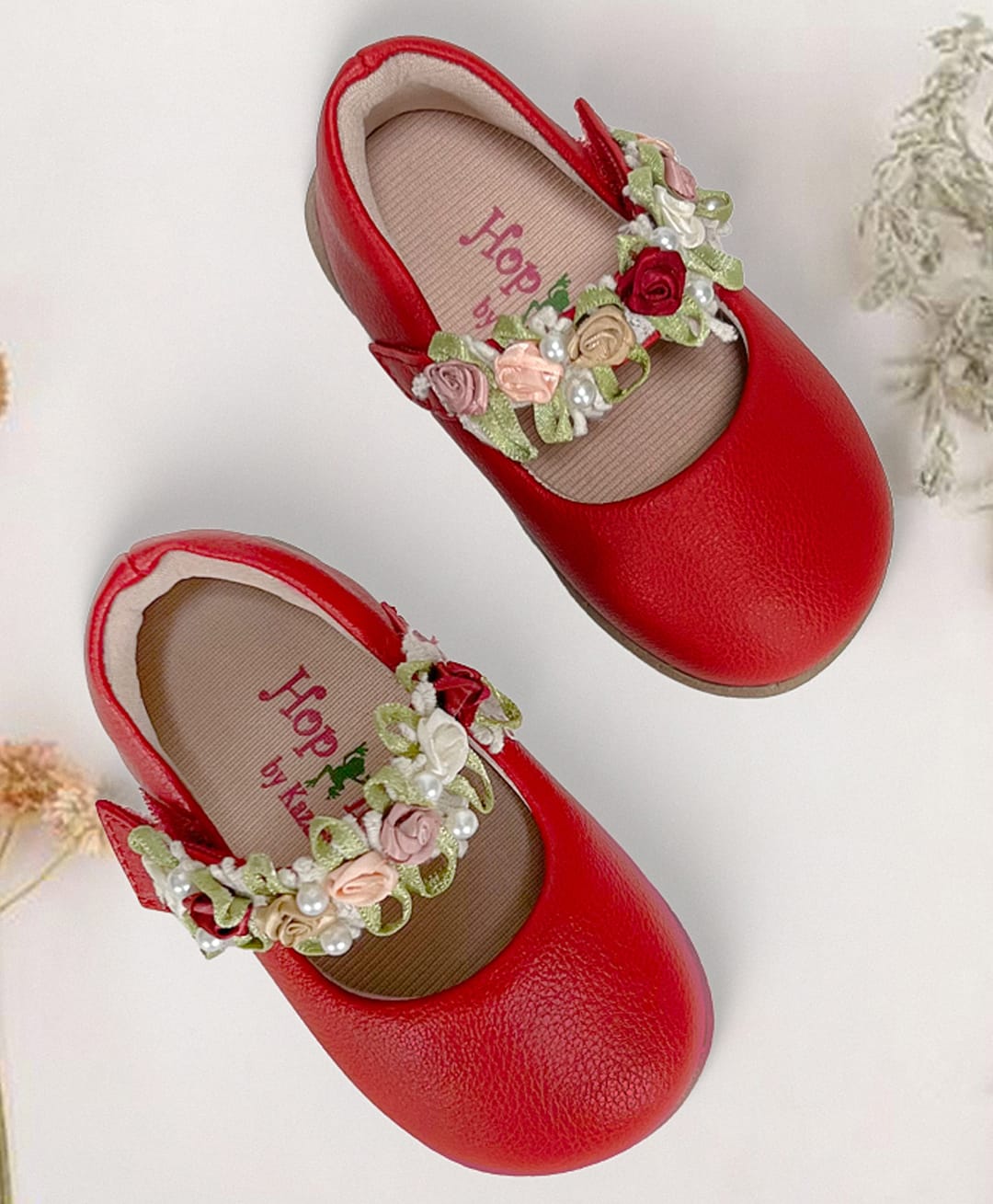 Hopits Self Designed & Floral Applique Detailed With Velcro Closure Mary Jane Ballerinas - Maroon-image-33