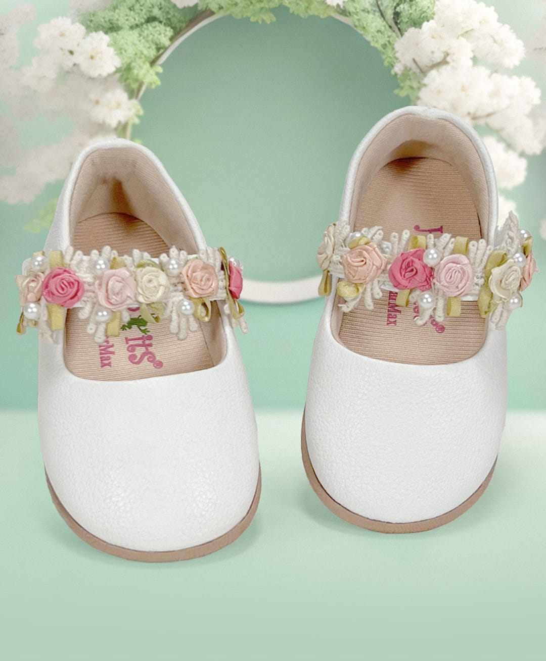 Hopits Self Designed & Floral Applique Detailed With Velcro Closure Mary Jane Ballerinas - White-image-32