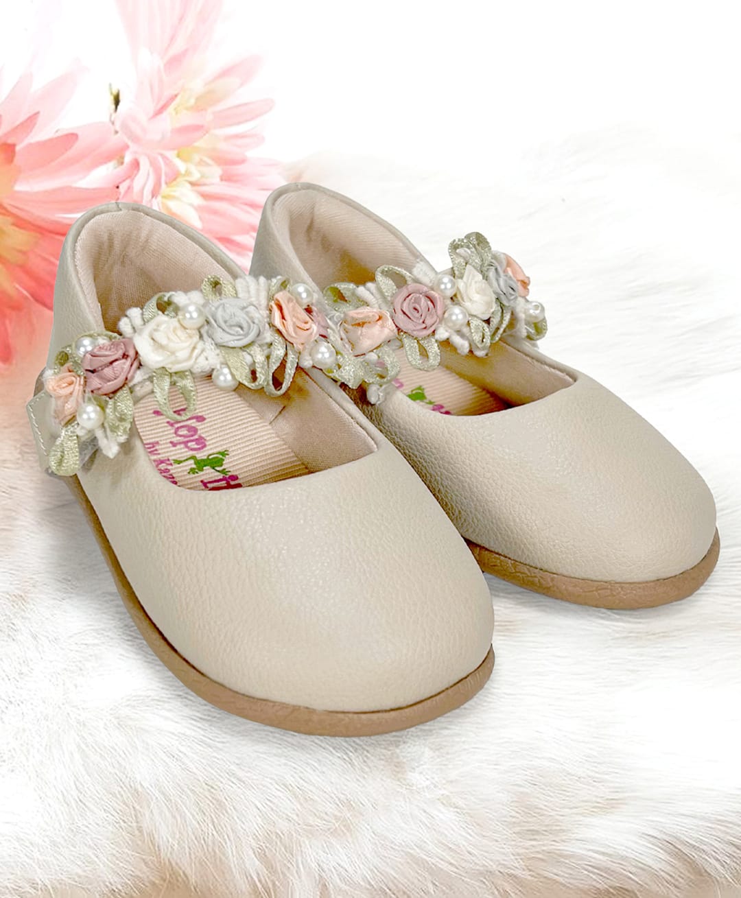 Hopits Self Designed & Floral Applique Detailed With Velcro Closure Mary Jane Ballerinas - Beige-image-29