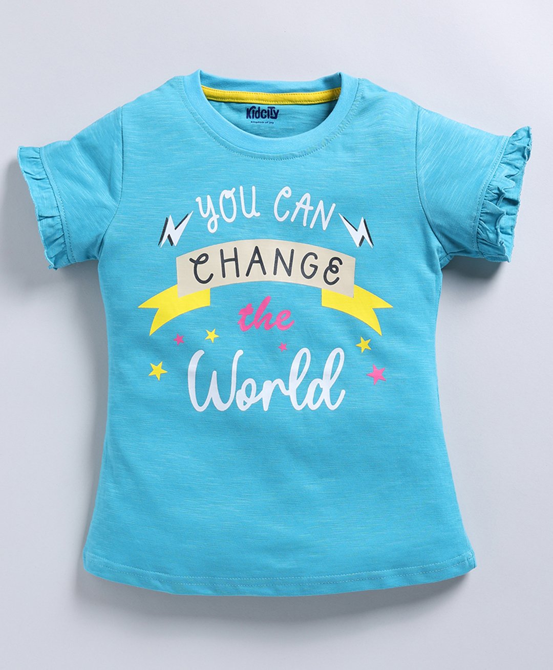 Kidcity Soft Cotton Sinker Half Sleeves You Can Change The World Text Printed Top - Light Blue-picture-24