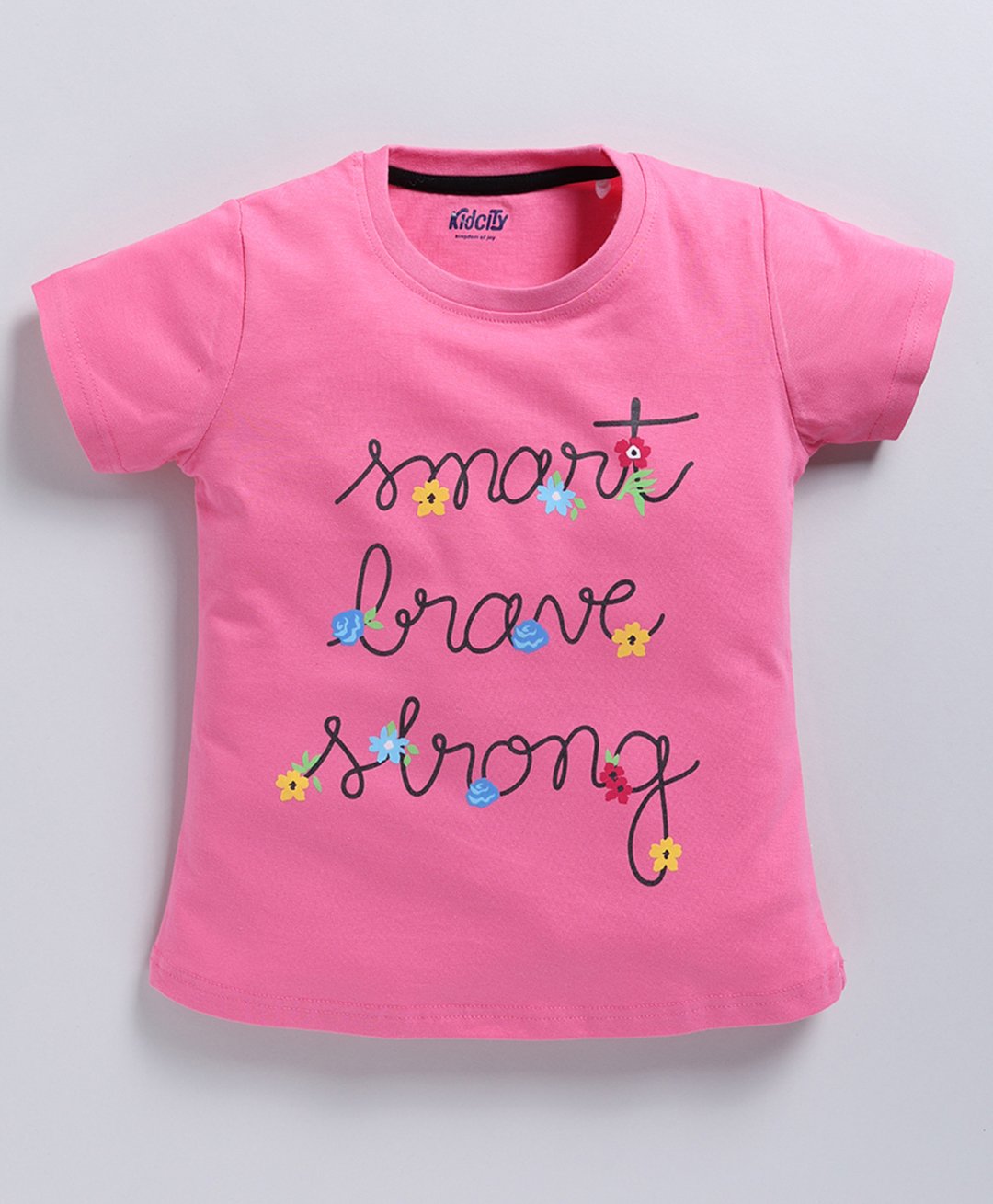 Kidcity Soft Cotton Sinker Half Sleeves Smart Brave Strong Text Printed Top - Light Pink-picture-12