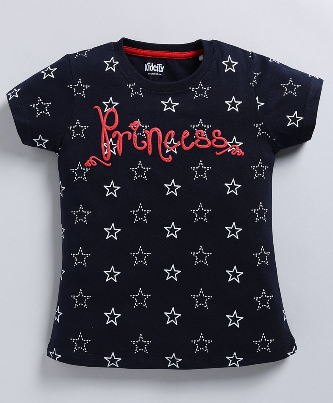 Kidcity Soft Cotton Sinker Half Sleeves Star & Princess Text Printed Top - Black-picture-20