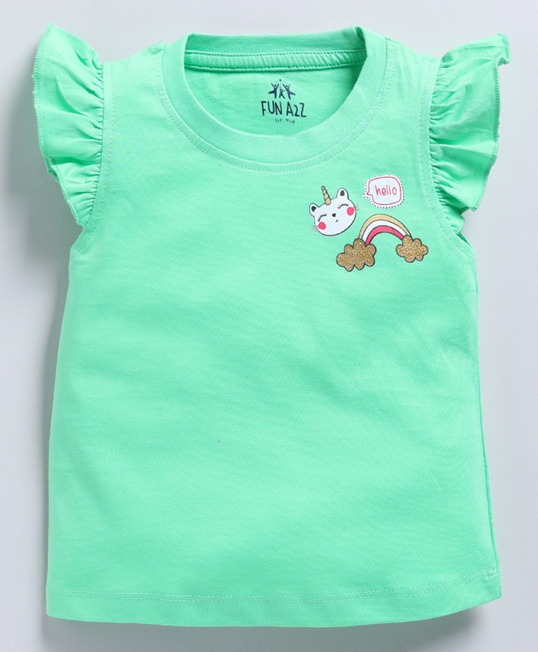 FUN A2Z Soft Cotton Sinker Cap Sleeves Unicorn & Rainbow Printed Top - Light Green-image-22