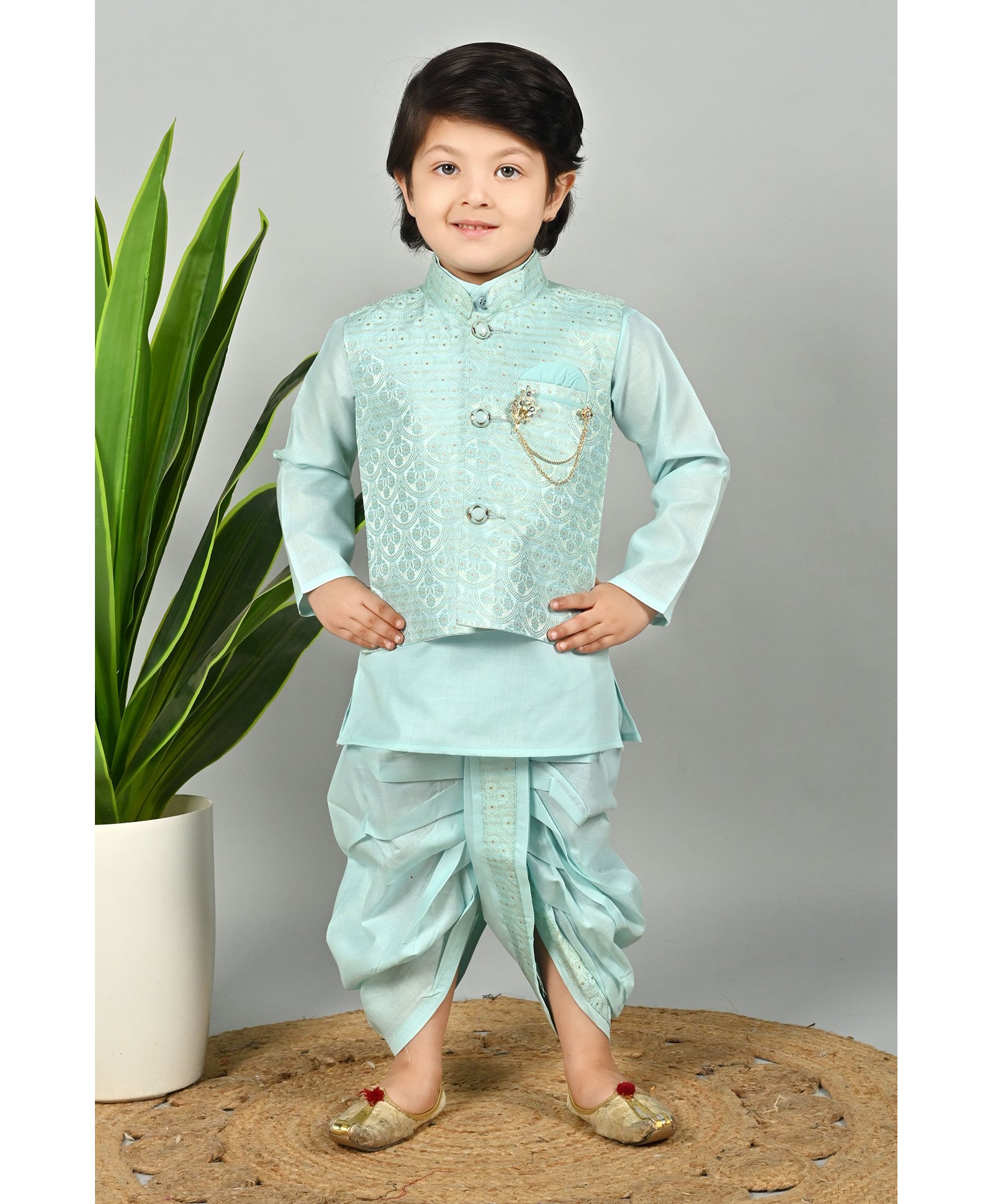 BT DEZINES Jacquard Full Sleeves Solid Kurta Dhoti With Zari Work Floral Embroidered Jacket Set - Sky Blue-image-33