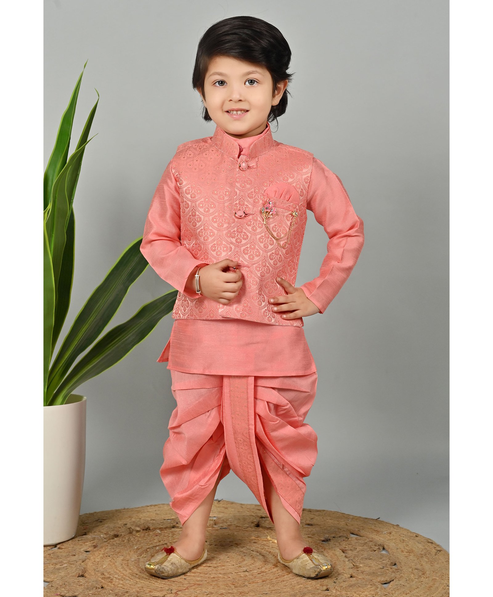 BT DEZINES Jacquard Full Sleeves Solid Kurta Dhoti With Zari Work Floral Embroidered Jacket Set - Coral-picture-19