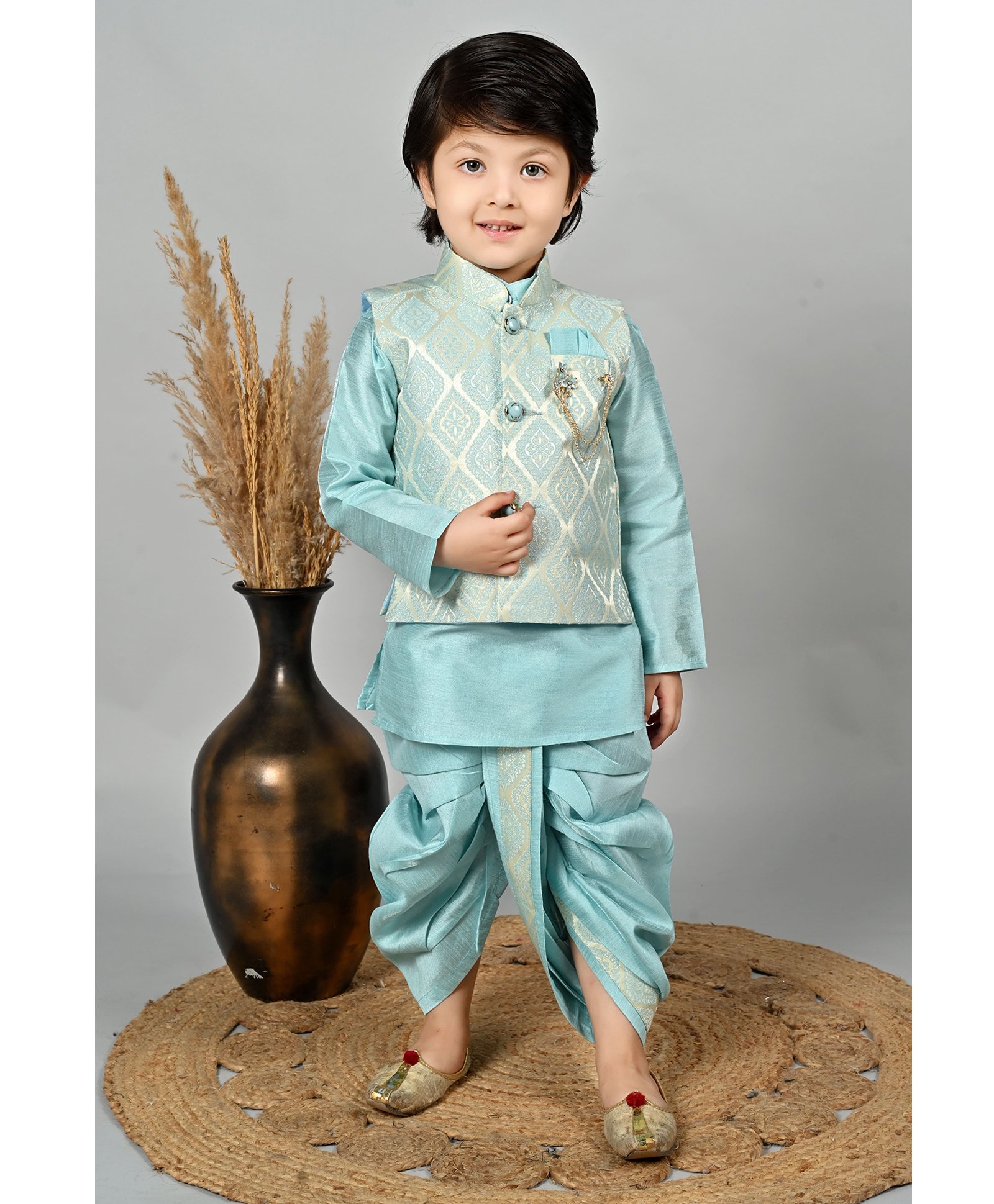 BT DEZINES Jacquard Full Sleeves Solid Kurta Dhoti With Damask Designed Jacket Set - Sky blue-image-17