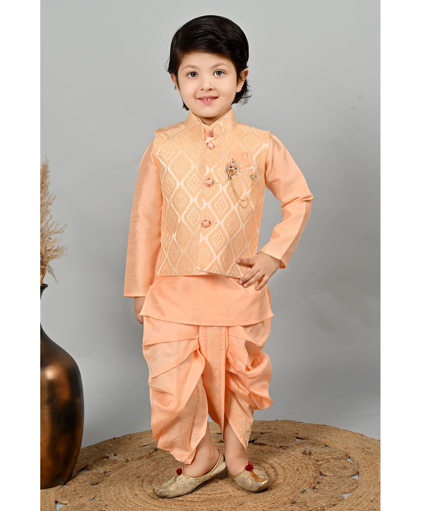 BT DEZINES Full Sleeves Damask Brocade Kurta Dhoti Set With Waistcoat - Peach-picture-27