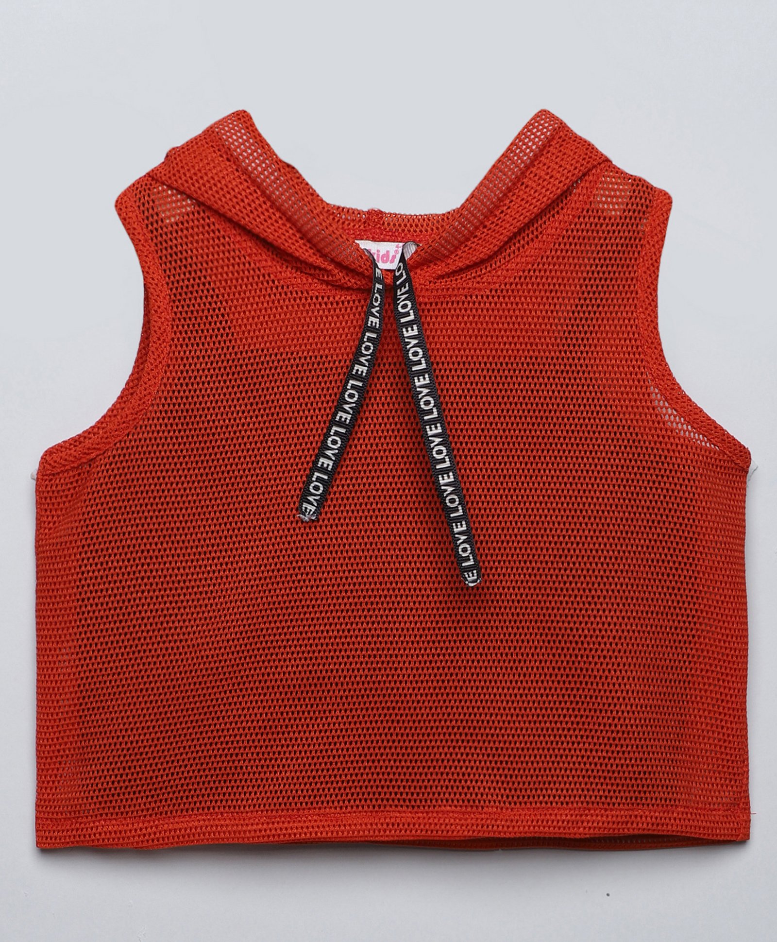 Taffykids Net Sleeveless Love Text Designed Hooded Crop Top With Solid Inner Set - Orange & Black-picture-14