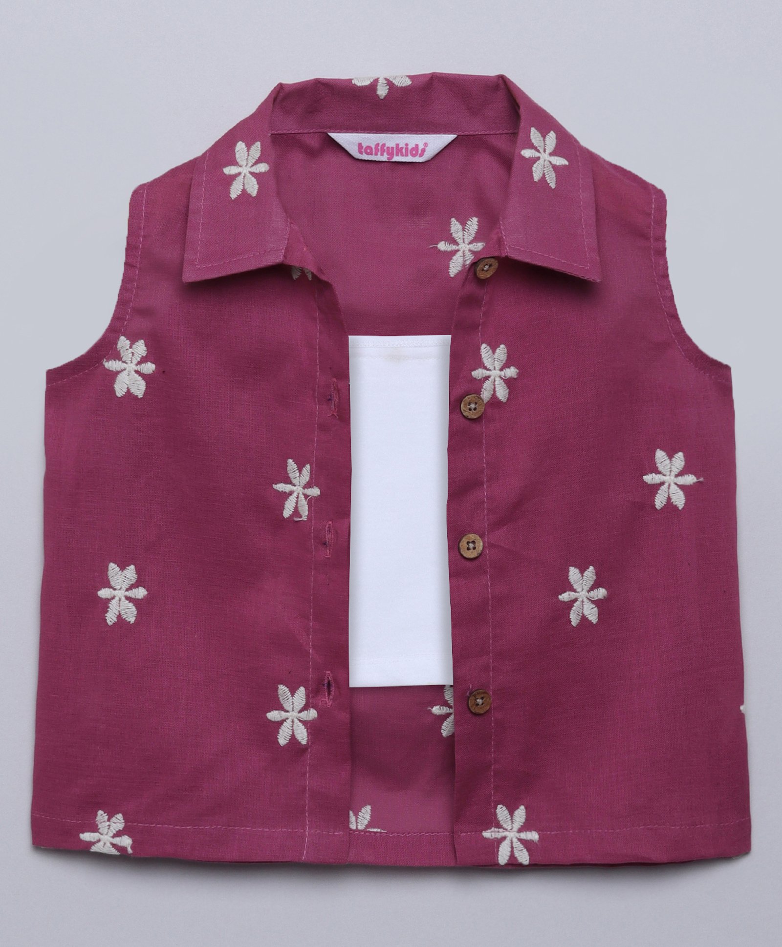 Taffykids 100% Cotton Sleeveless Floral Embroidered Shirt Style Top With Inner - Violet & White-picture-24
