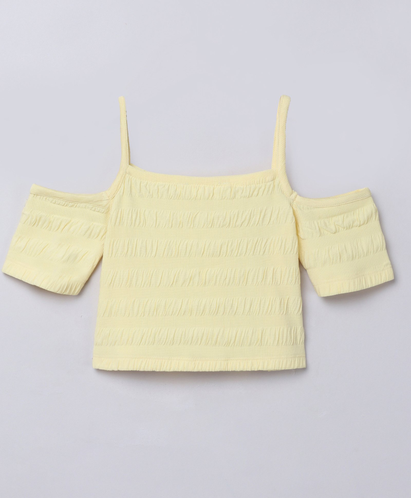 Taffykids Half Cold Shoulder Sleeves Striped Textured Crop Top - Yellow-picture-21