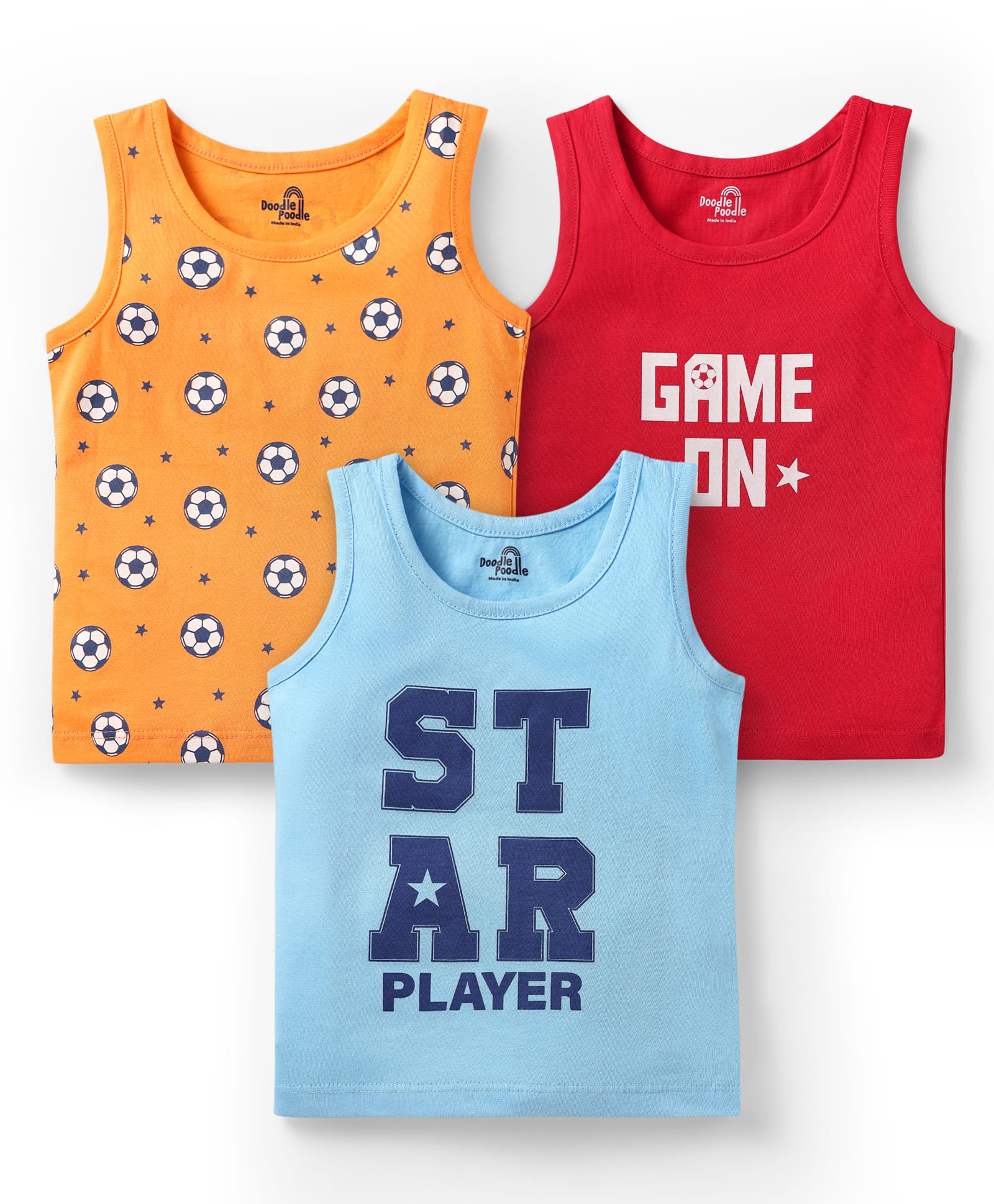 Doodle Poodle 100% Cotton Single Jersey Knit Vest With Football Print Pack Of 3 - Orange Red & Light Blue-picture-42