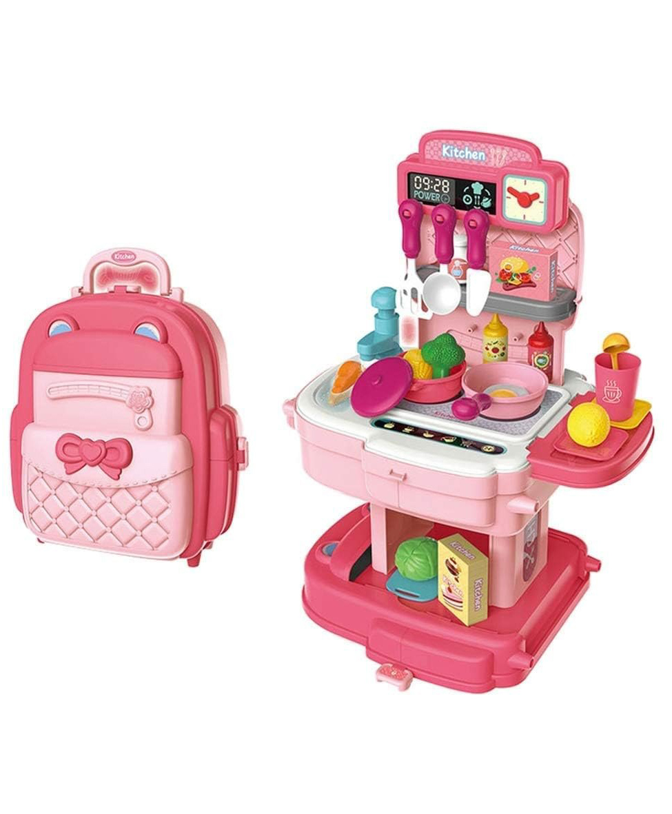 FUNVERSE 2 in 1 Kitchen Playset for Kids, School Bag Type Kitchen Set for Girls, Portable Pretend Food Party Role Cooking Kitchen Play Set Toy for Boys and Girls (Pink)