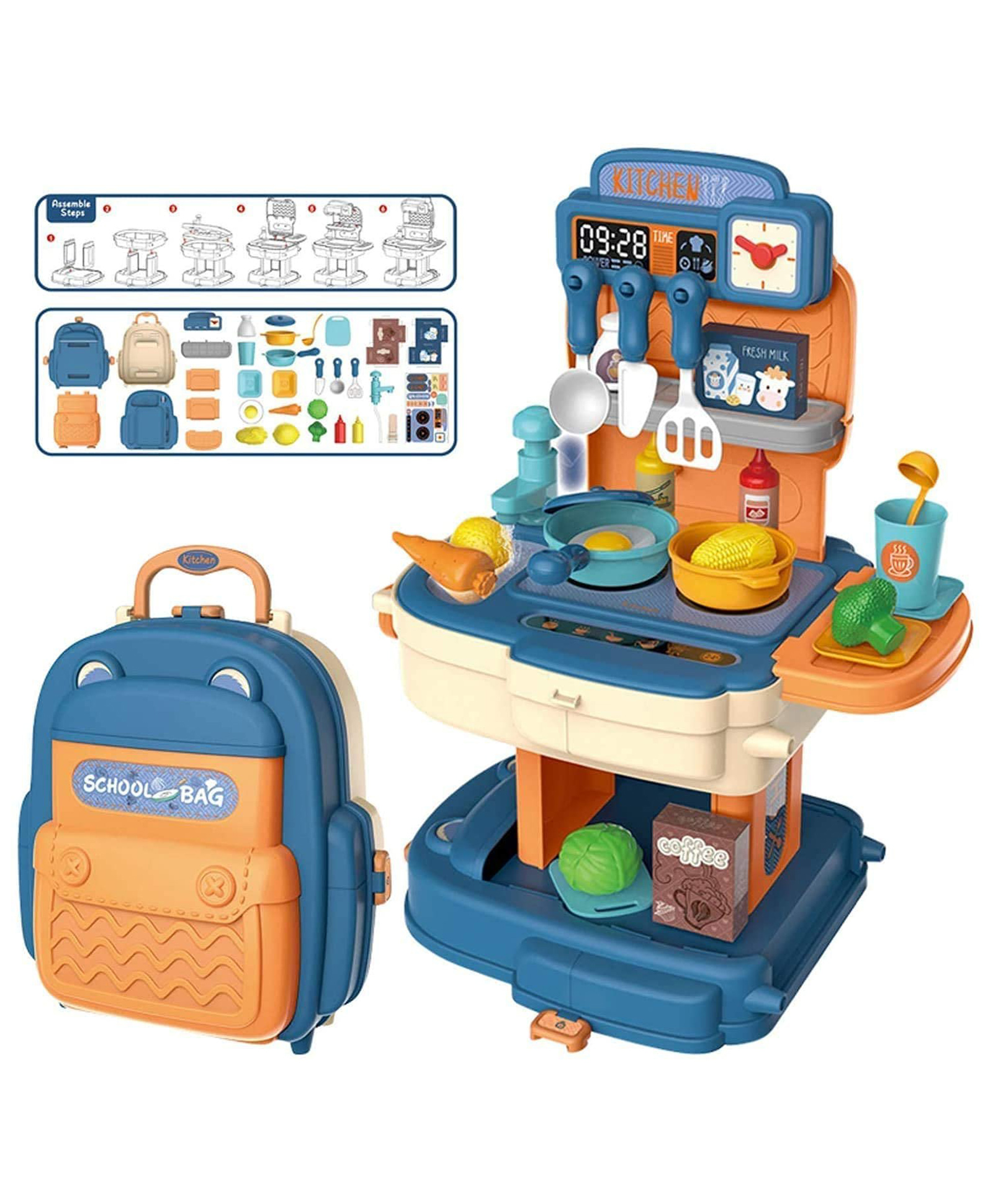 FUNVERSE 2 in 1 Kitchen Playset for Kids, School Bag Type Kitchen Set for Girls, Portable Pretend Food Party Role Cooking Kitchen Play Set Toy for Boys and Girls (Blue)-picture-11