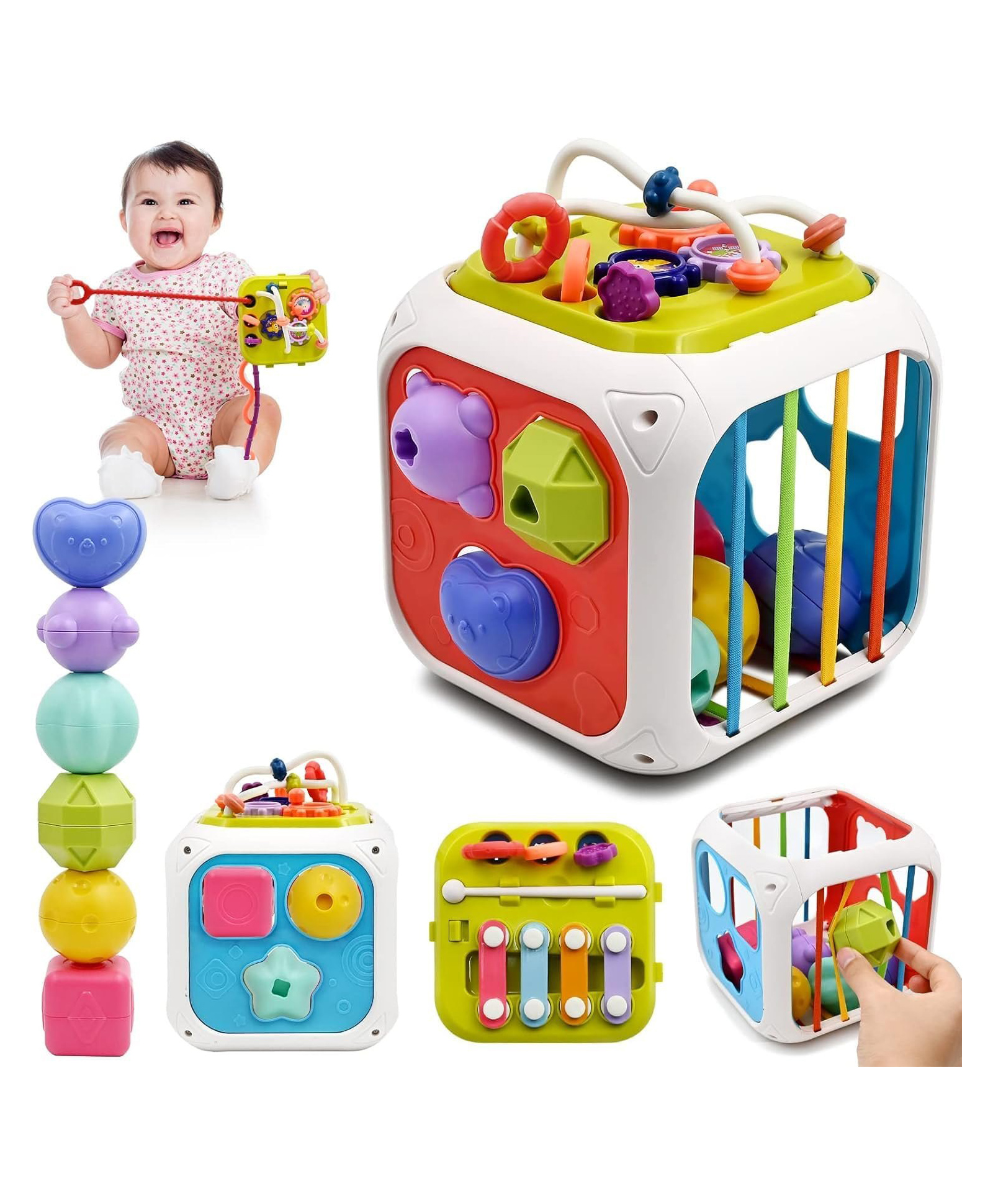 FUNVERSE Montessori Toys 7 in 1 Baby Sensory Toy for Kids Educational Learning Shape Sorter Activity Stacking Toys Baby Shape Sorting Interactive Toy Fine Motor Skill Developmental,Multicolor-picture-11