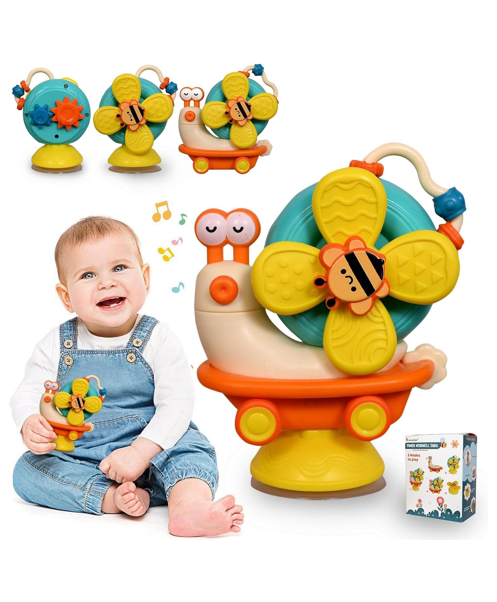 FUNVERSE Sensory Montessori Educational Toys Cute Animal Food Grade Silicone Baby Bath Toys Suction Cup Spinner Toys Convertible Push-and-Go Car Learning Activities Gifts for Kids