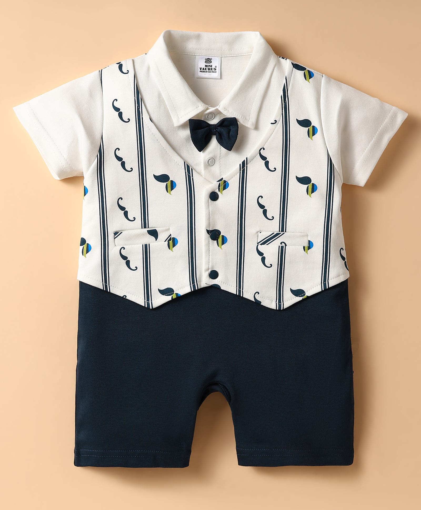 Mini Taurus Cotton Knit Half Sleeves Striped & Printed Romper With Bow Applique - White & Navy Blue-picture-28