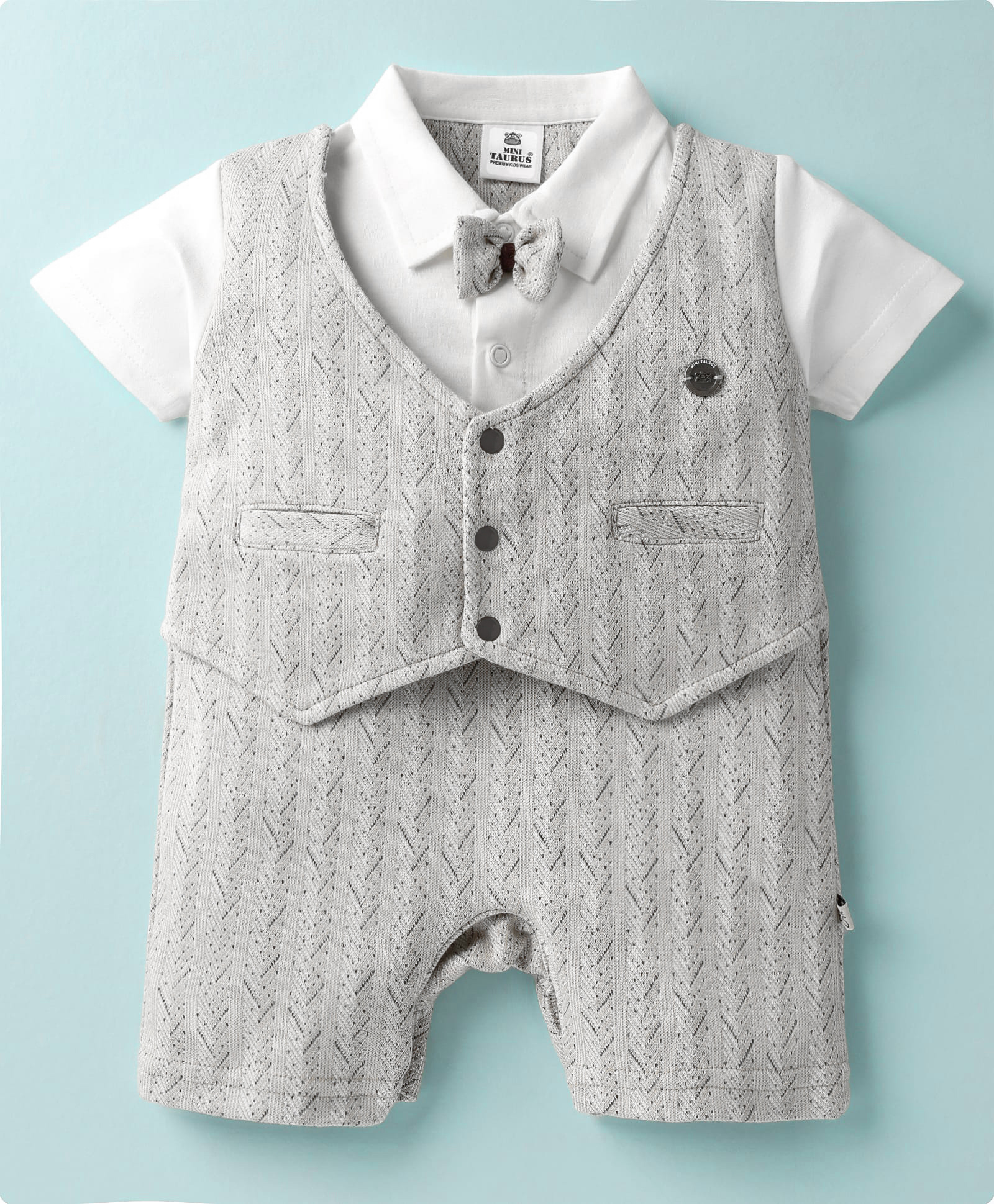Mini Taurus Cotton Knit Half Sleeves Striped Romper With Bow Applique & Attached Waistcoat - Brown-image-44