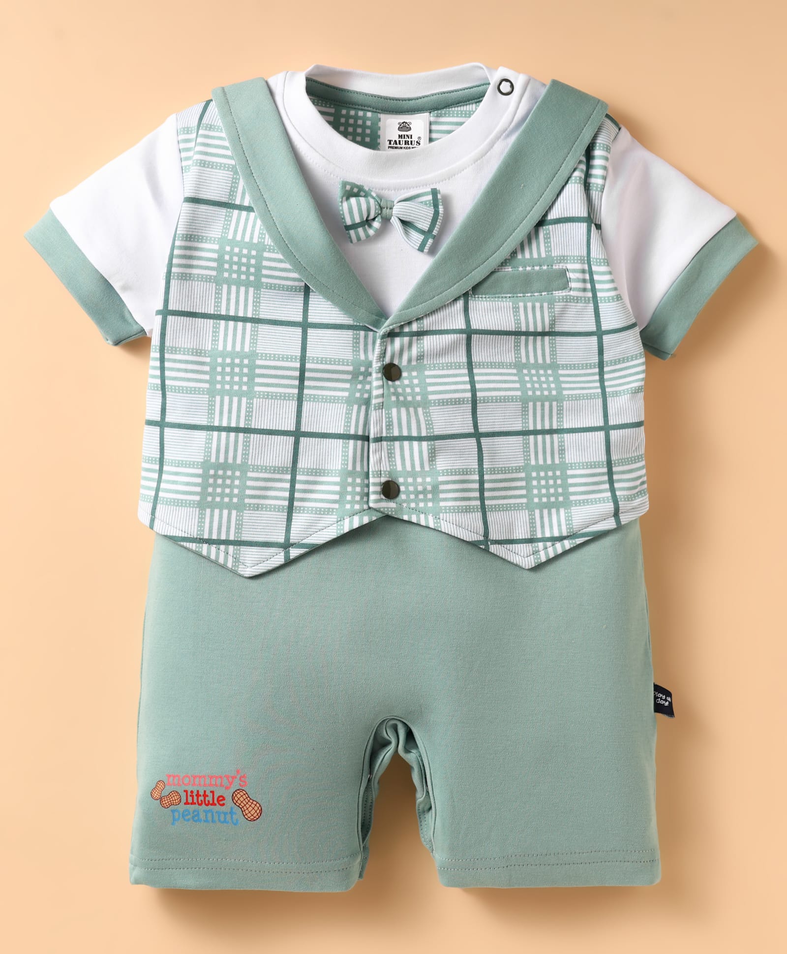 Mini Taurus Cotton Knit Half Sleeves Checks Romper With Bow Applique - Light Green-image-9