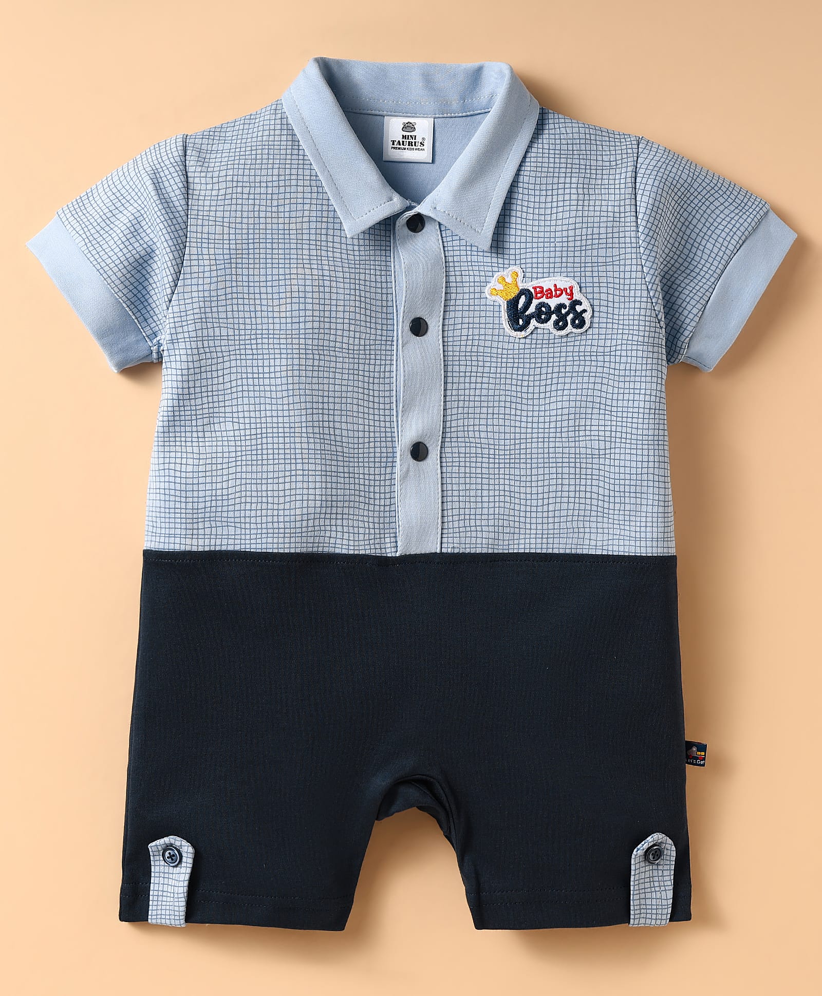 Mini Taurus Cotton Knit Half Sleeves Checks Romper With Patch - Blue-picture-42
