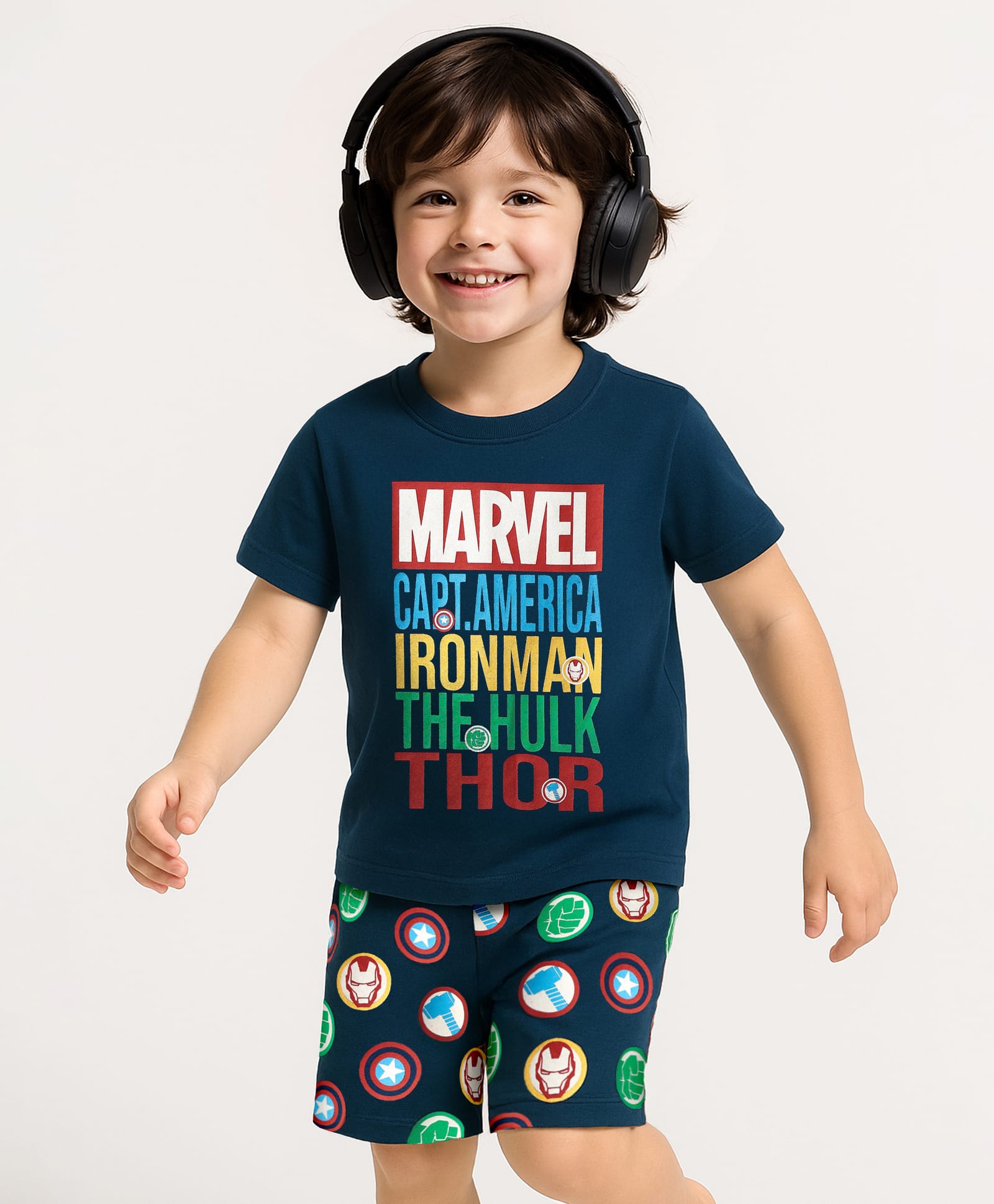 Babyhug Marvel 100% Cotton Half Sleeves Night Suit With Avengers Graphics - Navy Blue-image-24