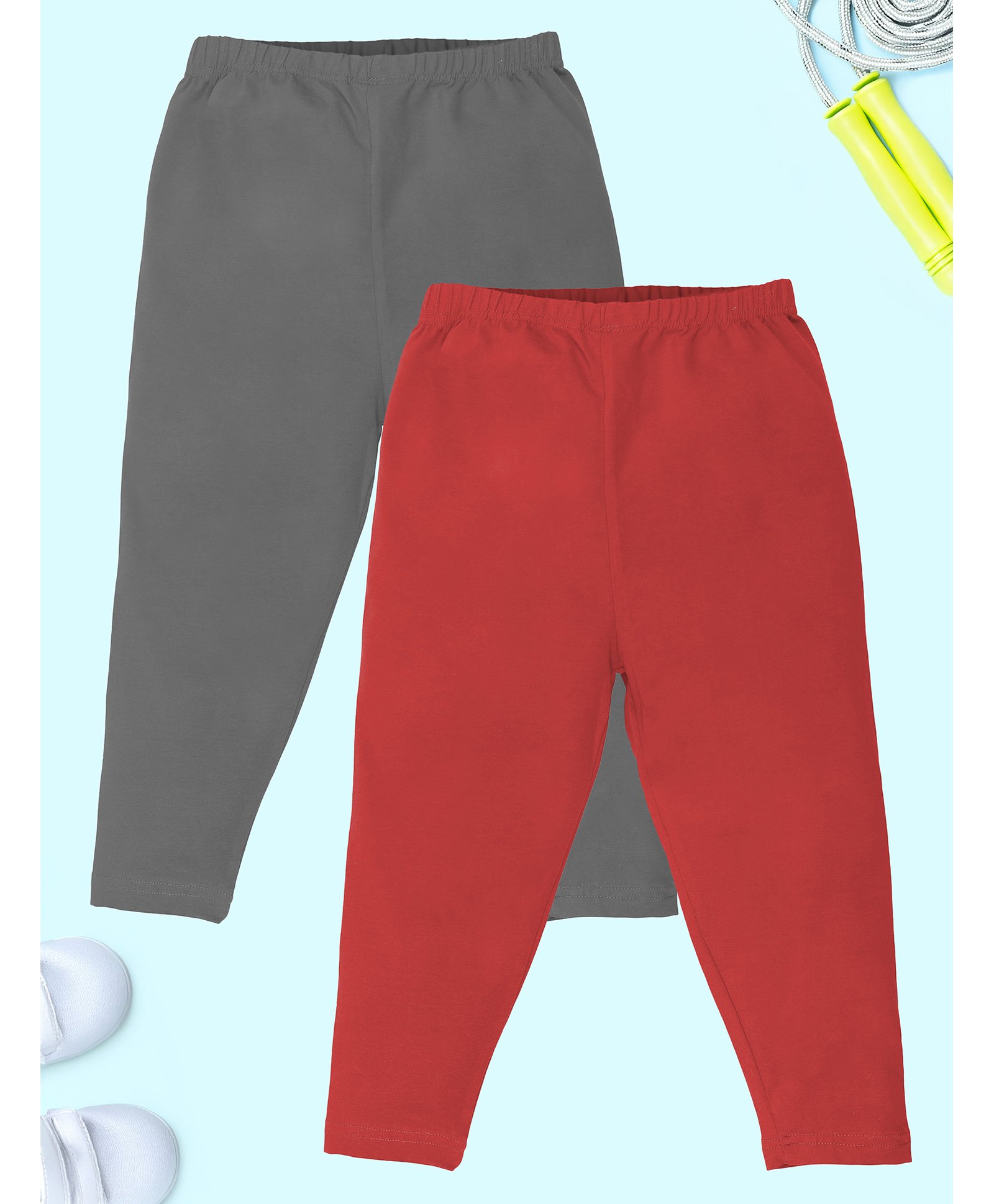 Kiddopanti Cotton Lycra Pack Of 2 Solid Capris - Grey & Red-image-35